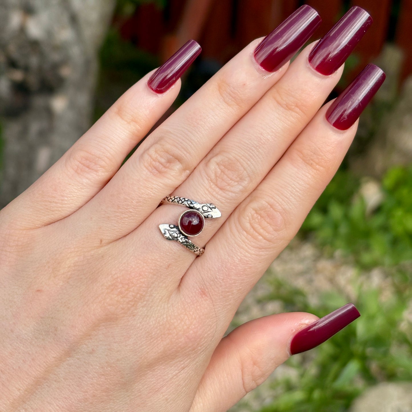 Red Garnet 925 Silver Snake Ring (SIZE N/O) - Dark Femme Collection