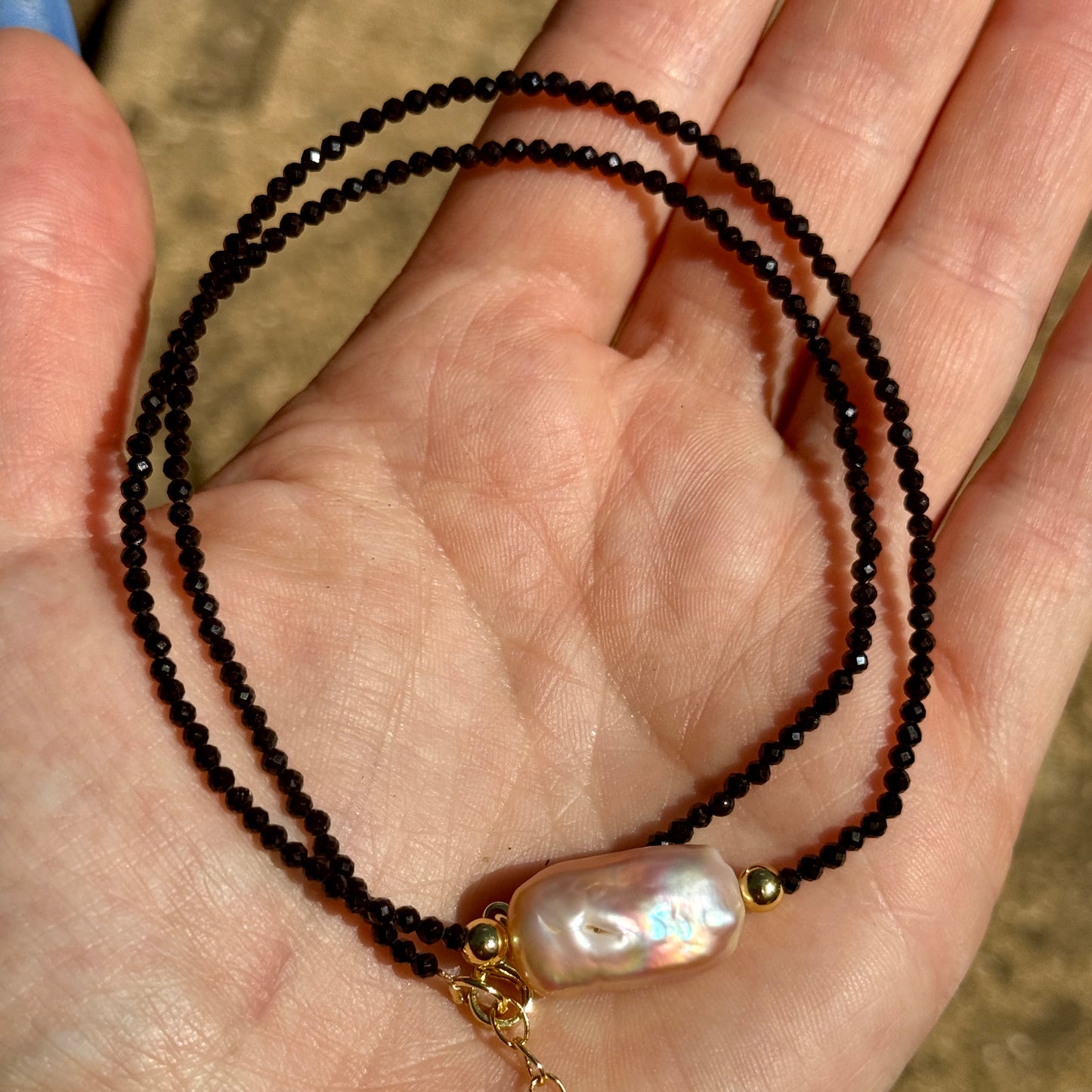 Black Tourmaline and Biwa Pearl Choker