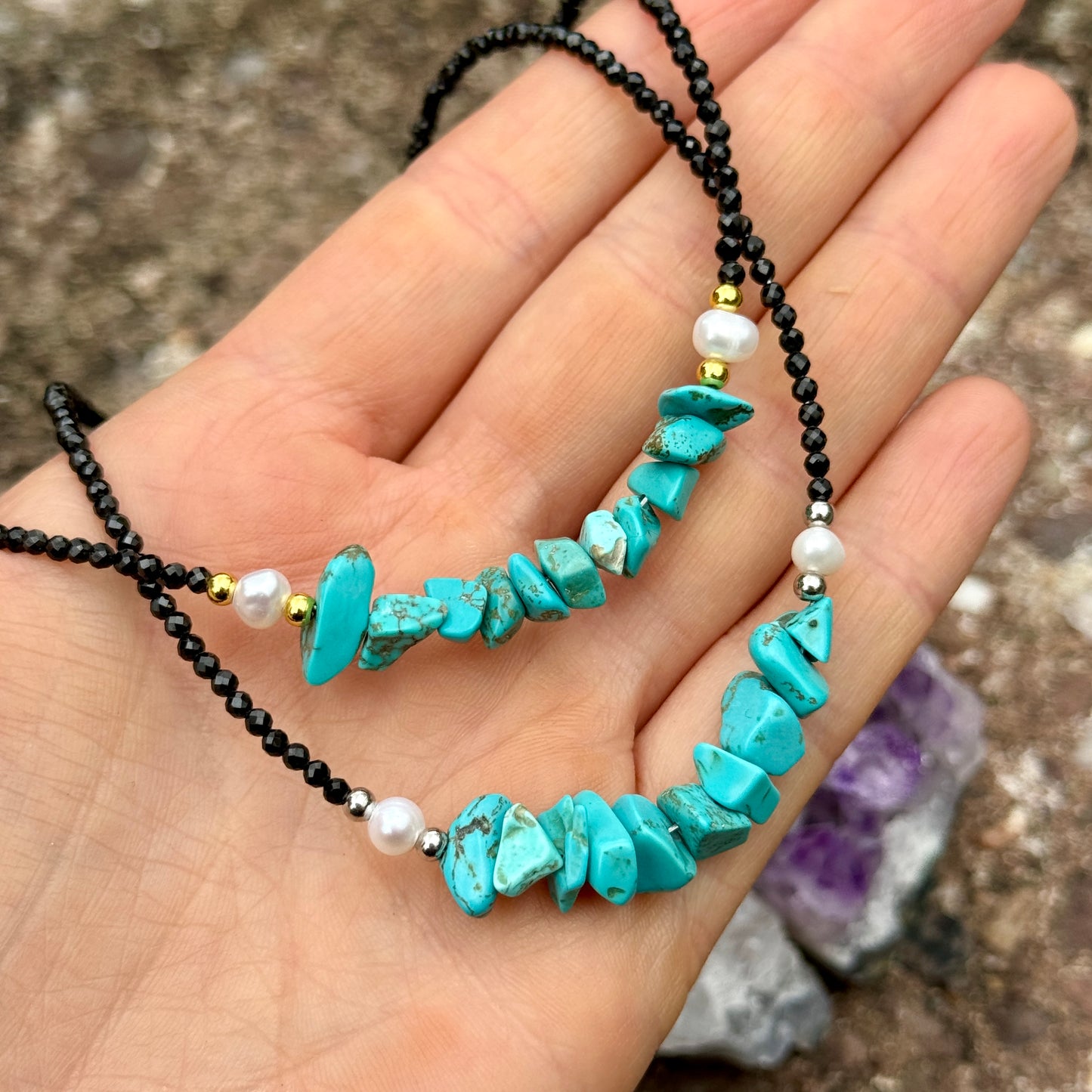 Black Tourmaline and Turquoise Howlite Choker Necklace