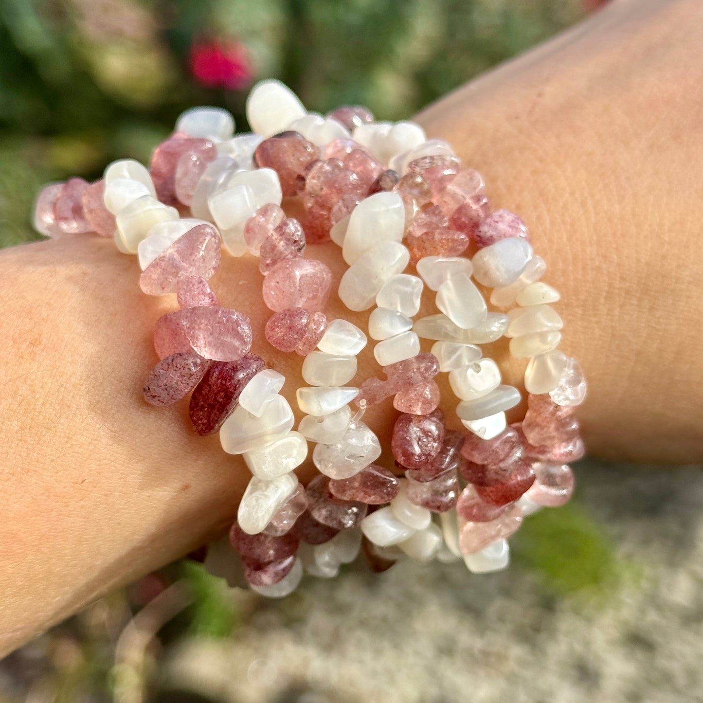 Strawberry Quartz and Moonstone Chip Bracelet