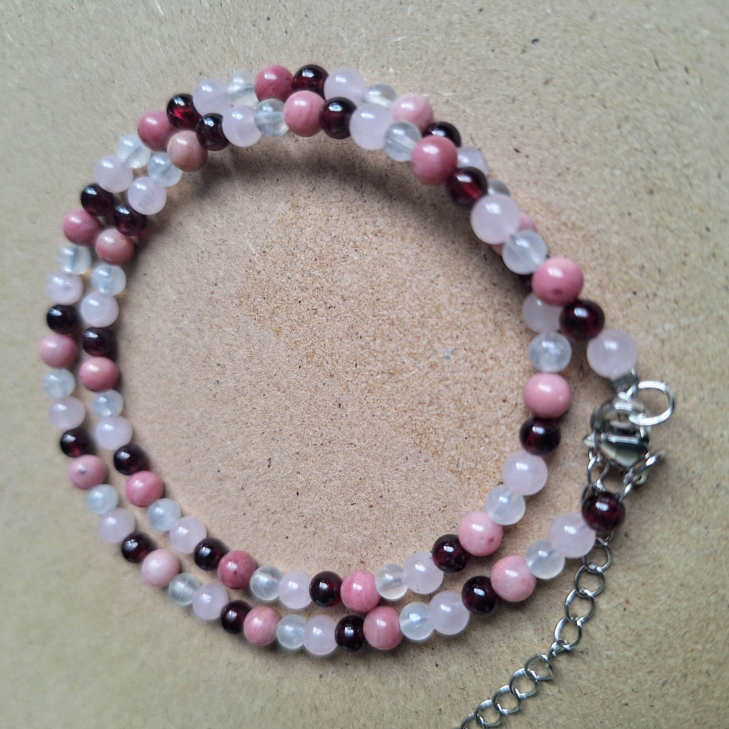 Self Love Choker 4mm Rose quartz Red Garnet Rhodochrosite Moonstone