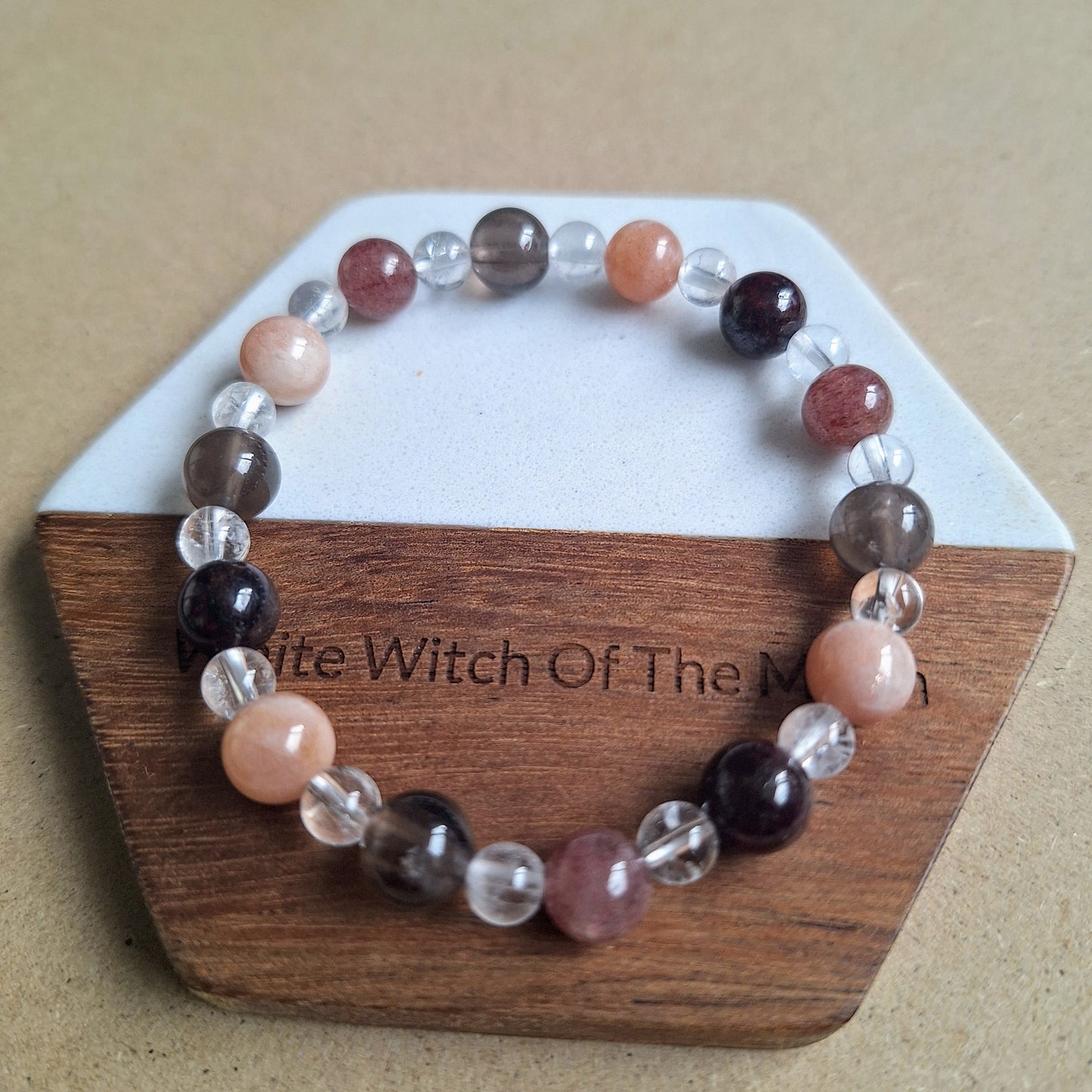 Tiredness bracelet gift for her crystal healing with Red Garnet, Clear Quartz, Moonstone, Smoky Quartz and Strawberry Quartz