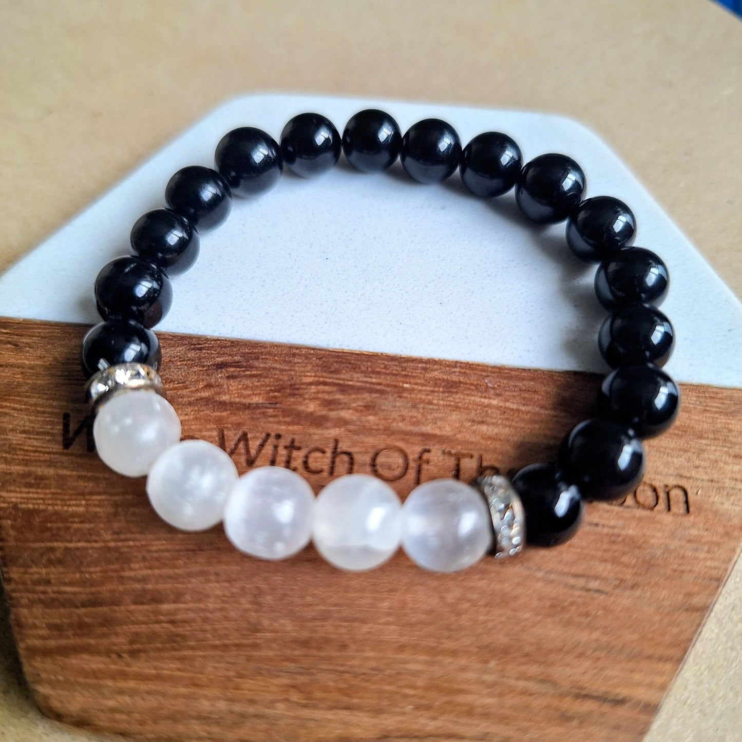 Black Tourmaline and Selenite Bracelet crystal healing natural stone Root Chakra Grounding jewellery gift for him or her