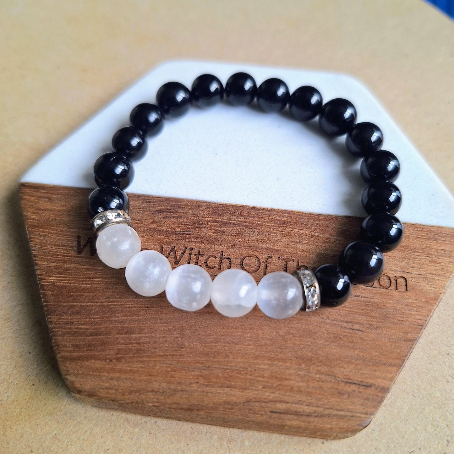 Black Tourmaline and Selenite Bracelet crystal healing natural stone Root Chakra Grounding jewellery gift for him or her