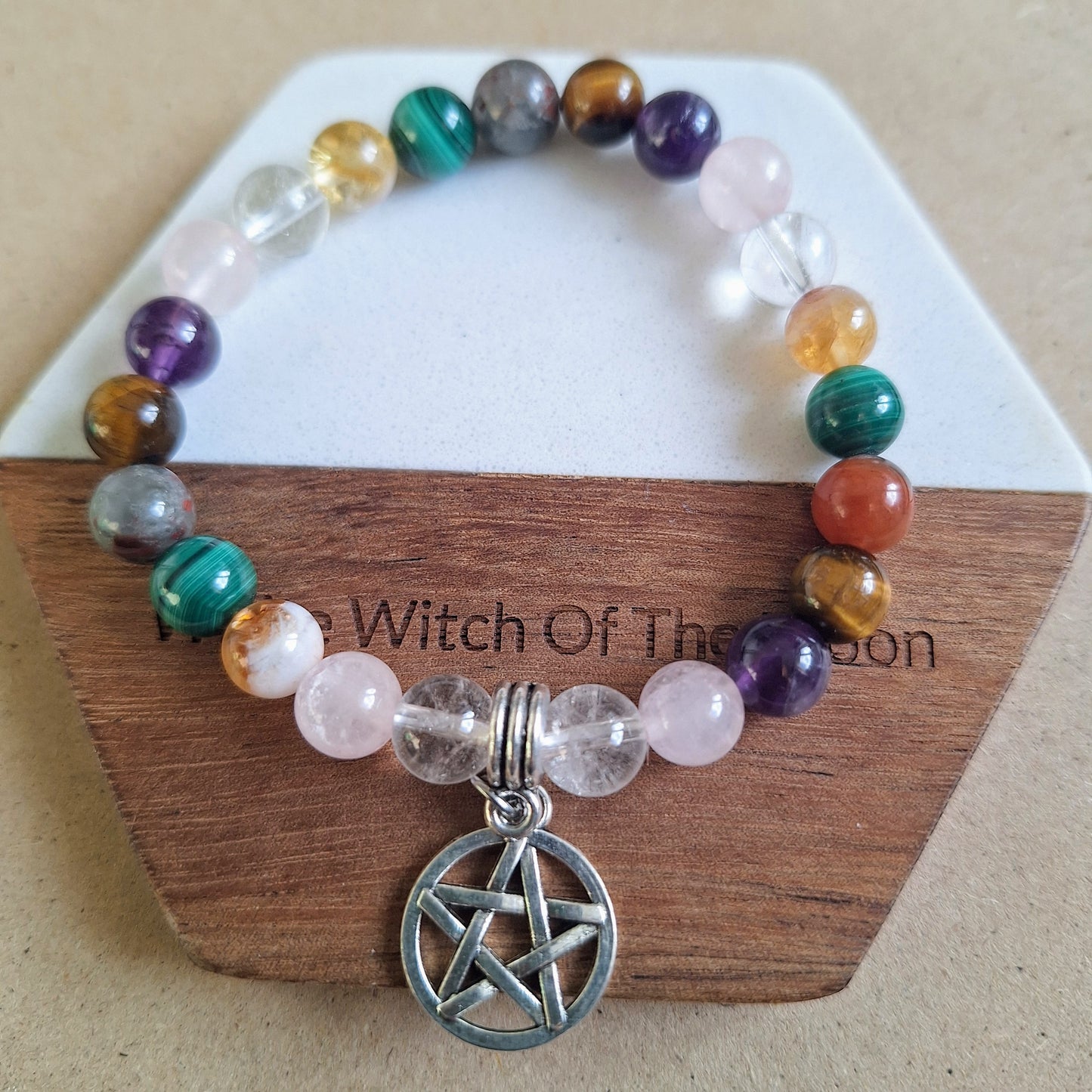 White Witch protection Bracelet with Bloodstone, Tigers Eye, Malachite, Citrine, Amethyst & Pentagram Charm crystal healing