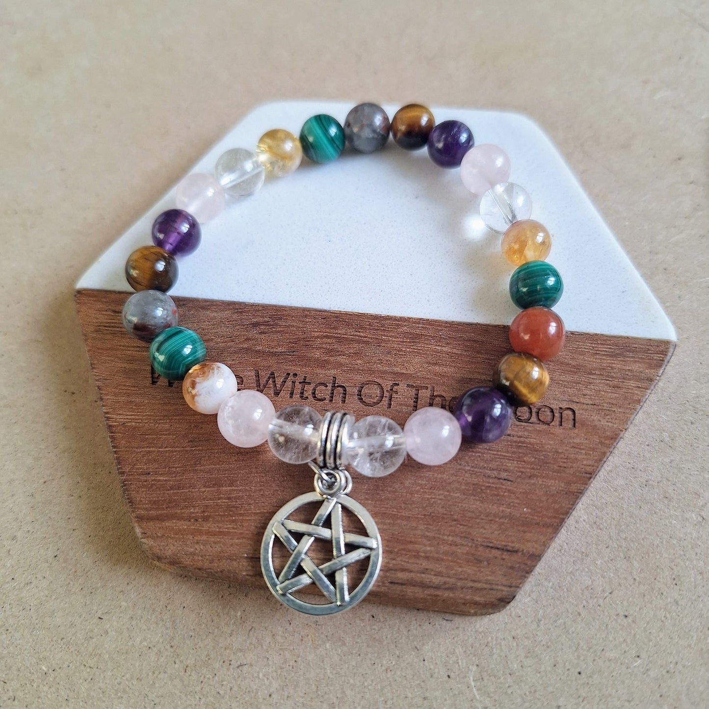 White Witch protection Bracelet with Bloodstone, Tigers Eye, Malachite, Citrine, Amethyst & Pentagram Charm crystal healing
