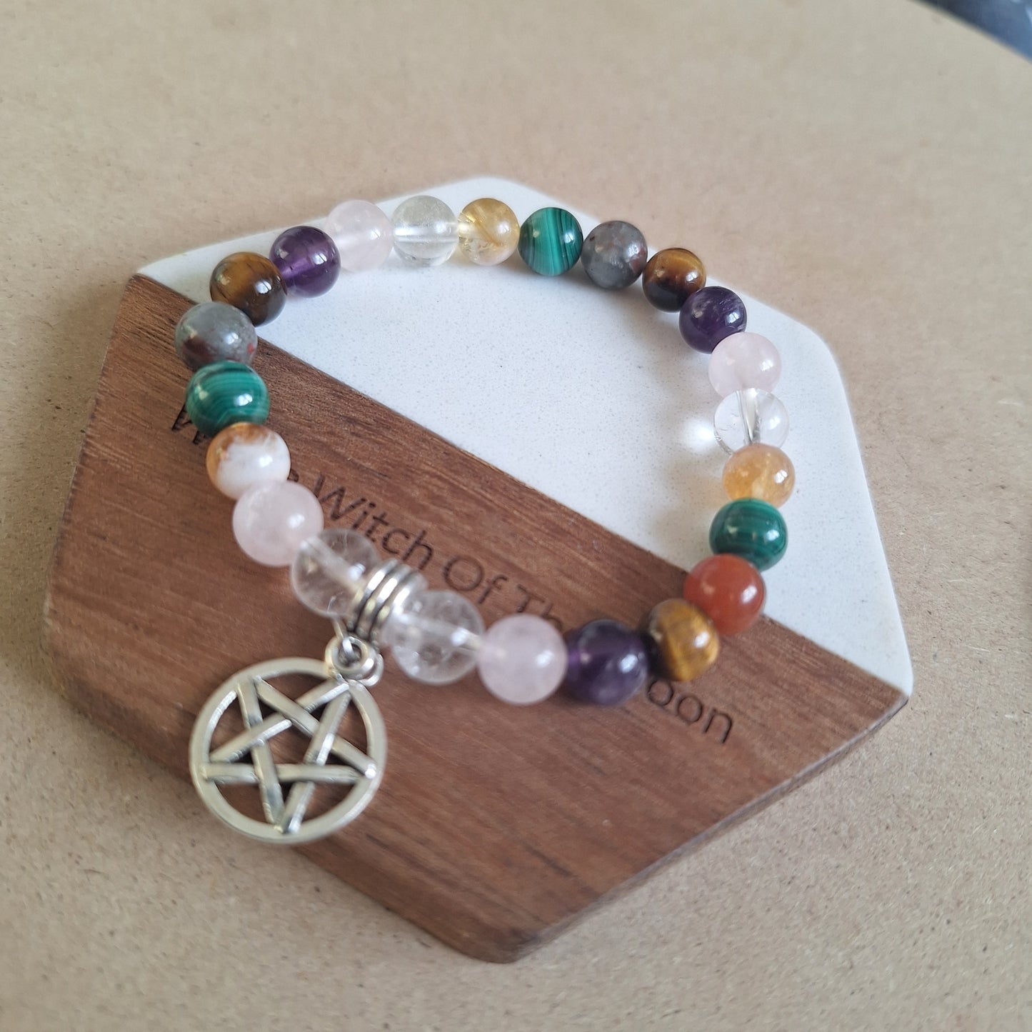 White Witch protection Bracelet with Bloodstone, Tigers Eye, Malachite, Citrine, Amethyst & Pentagram Charm crystal healing