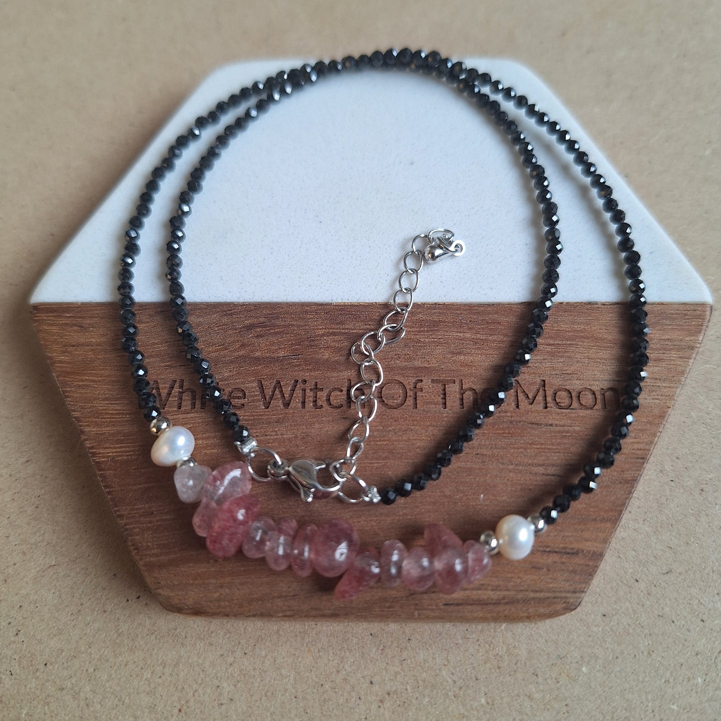 Strawberry Quartz and black tourmaline choker necklace everyday witch collection
