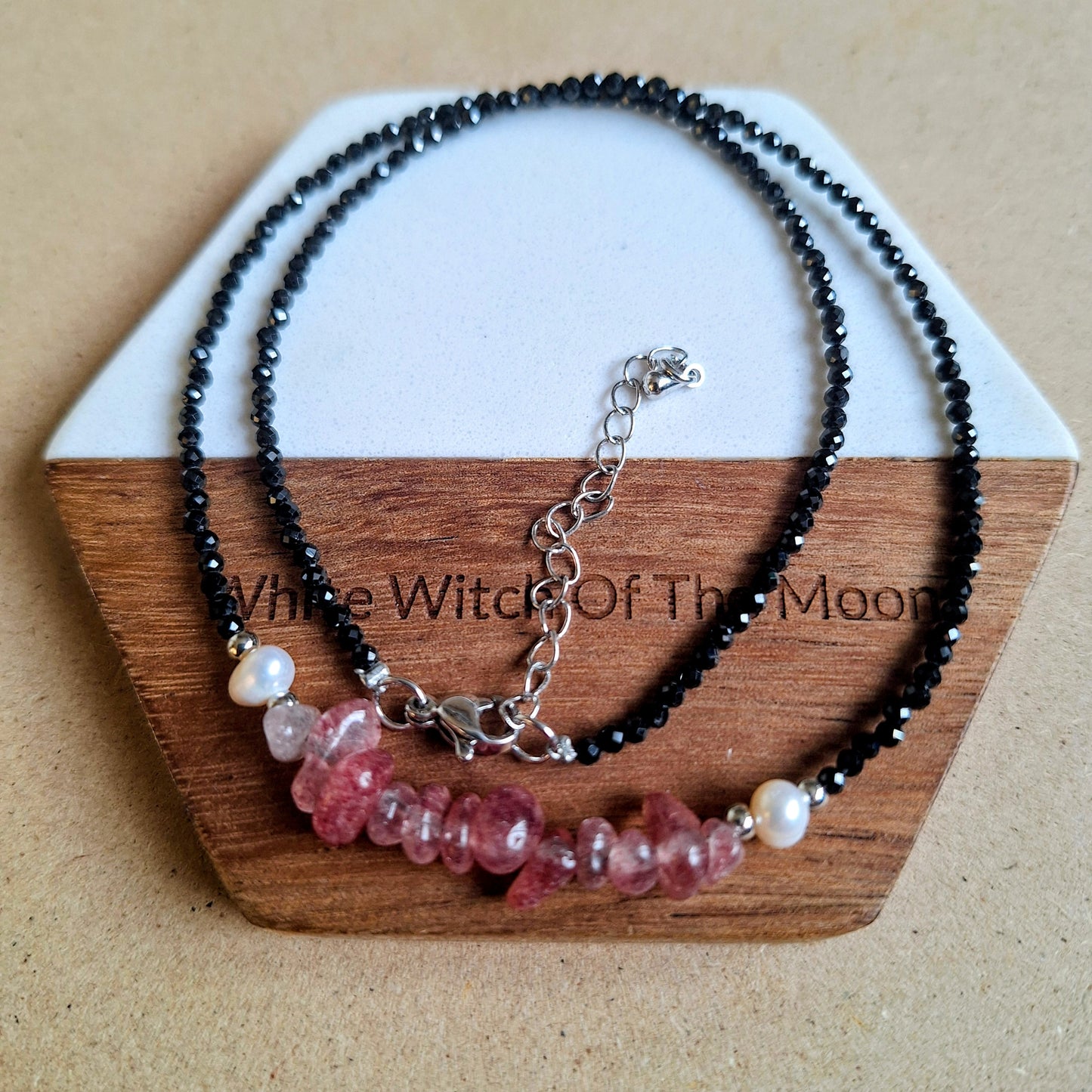 Strawberry Quartz and black tourmaline choker necklace everyday witch collection