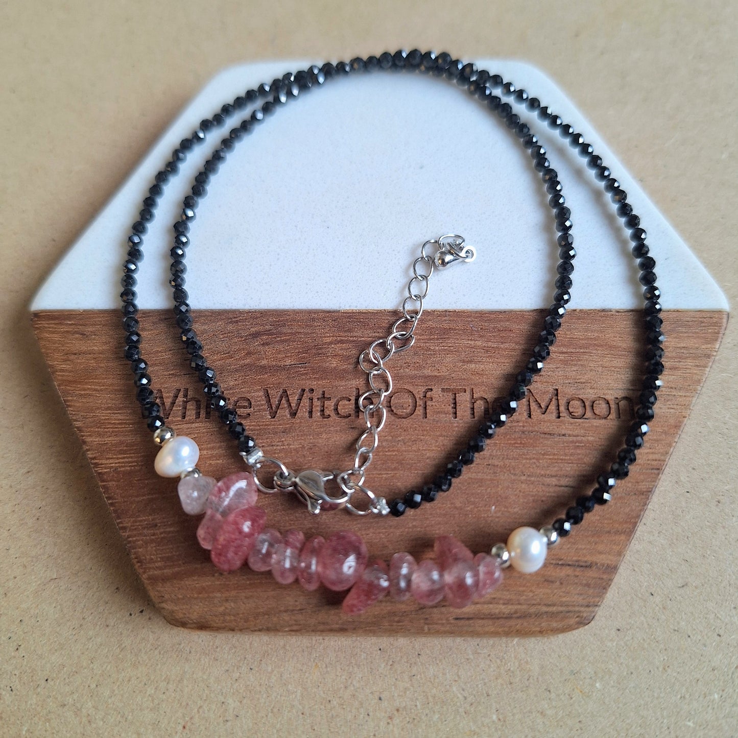 Strawberry Quartz and black tourmaline choker necklace everyday witch collection