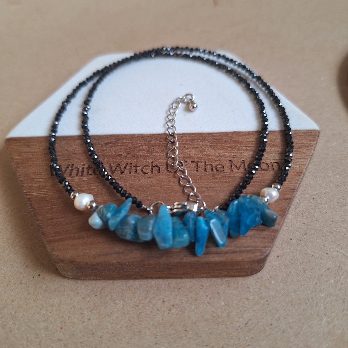 Apatite and black tourmaline choker pearl necklace minimalist crystal healing natural stone jewellery