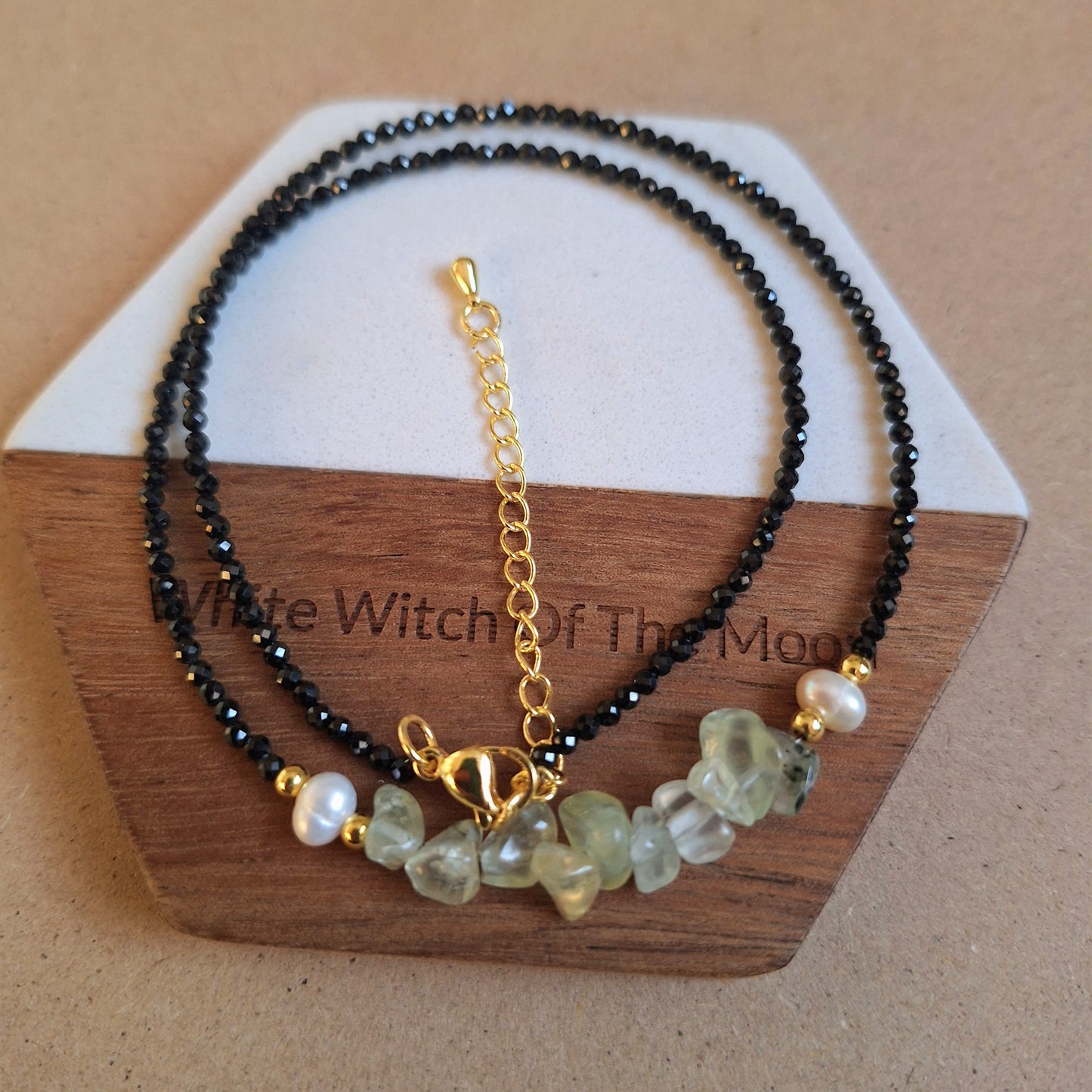 Prehnite and black tourmaline choker pearl necklace