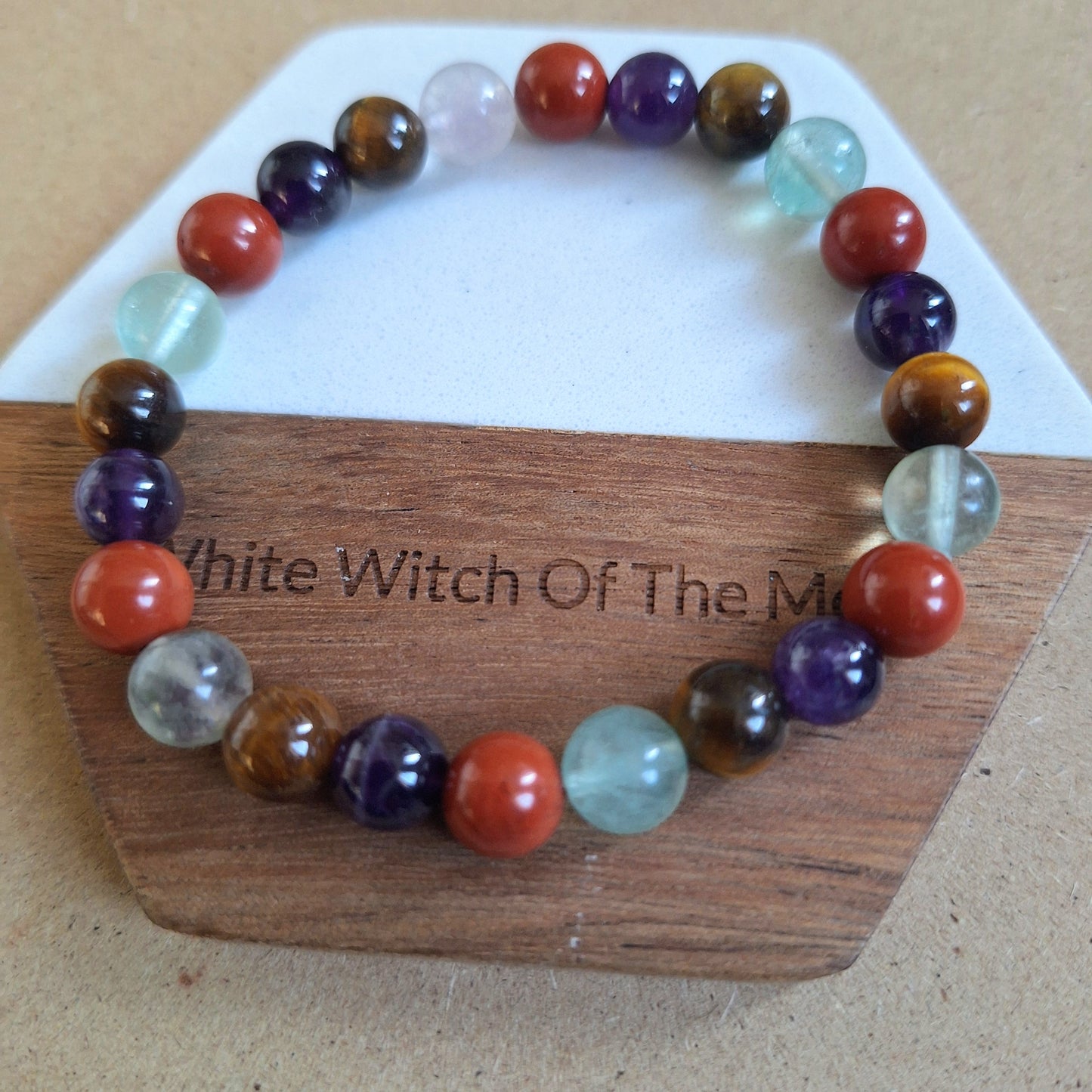 Willpower Bracelet crystal healing natural stone tigers eye, red jasper, fluorite and amethyst gift for him or her