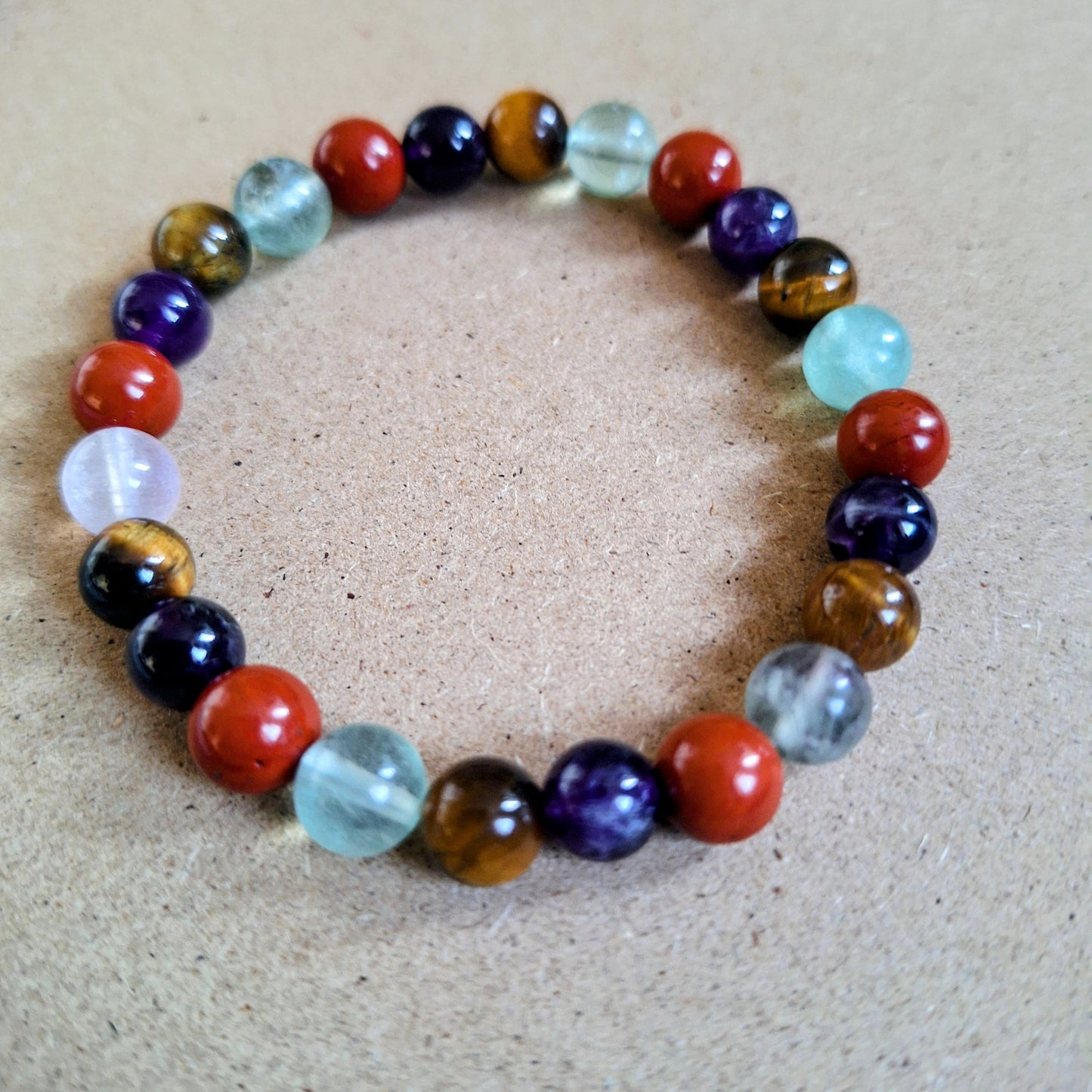 Willpower Bracelet crystal healing natural stone tigers eye, red jasper, fluorite and amethyst gift for him or her