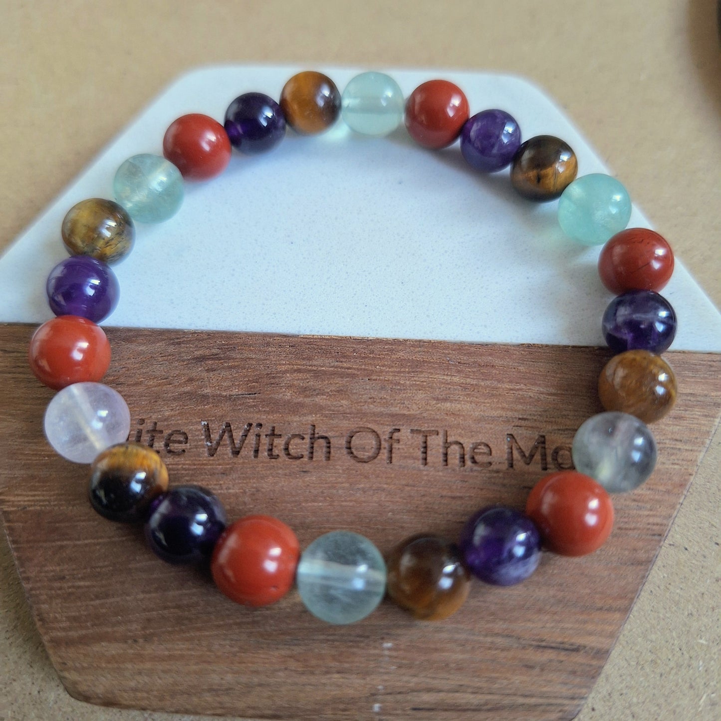 Willpower Bracelet crystal healing natural stone tigers eye, red jasper, fluorite and amethyst gift for him or her