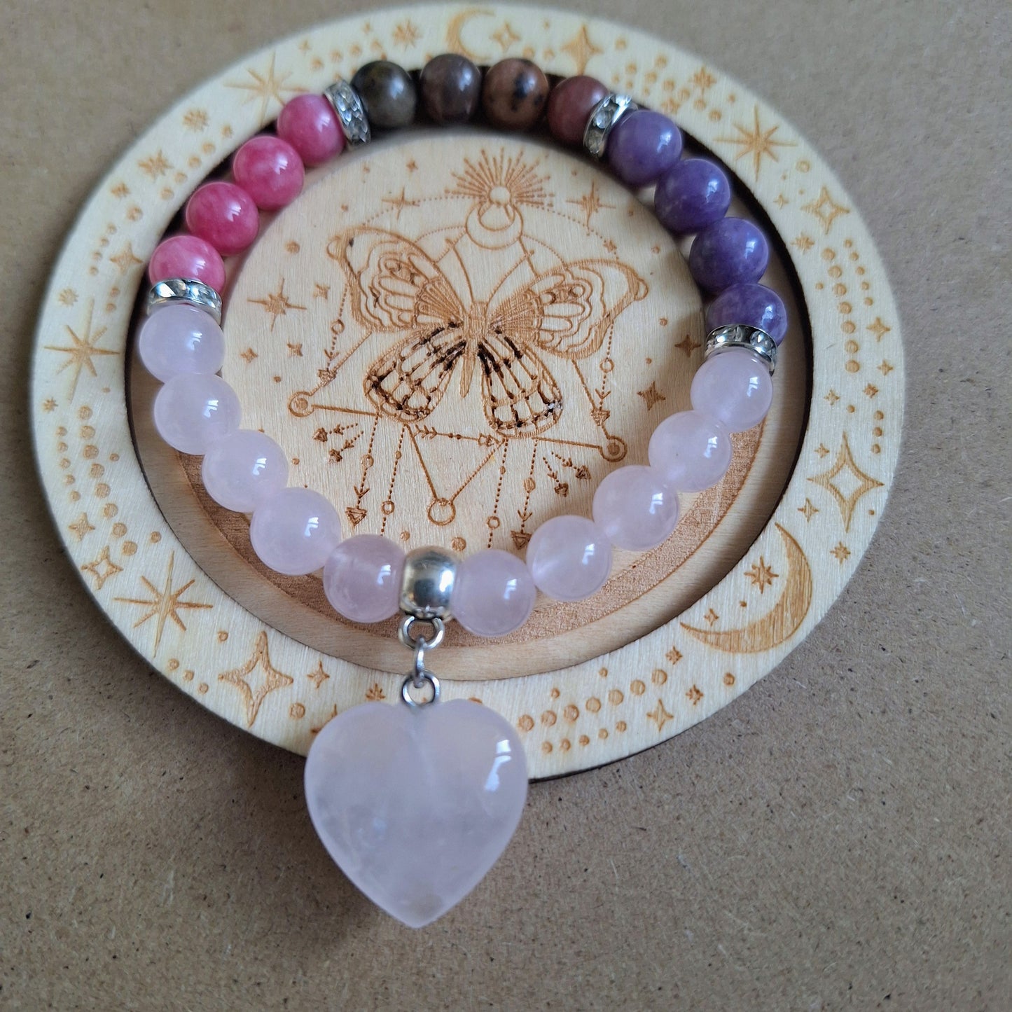 Rose Quartz, Rhodochrosite and Lepidolite and Rhodonite Beaded Bracelet 🌸💕🔮