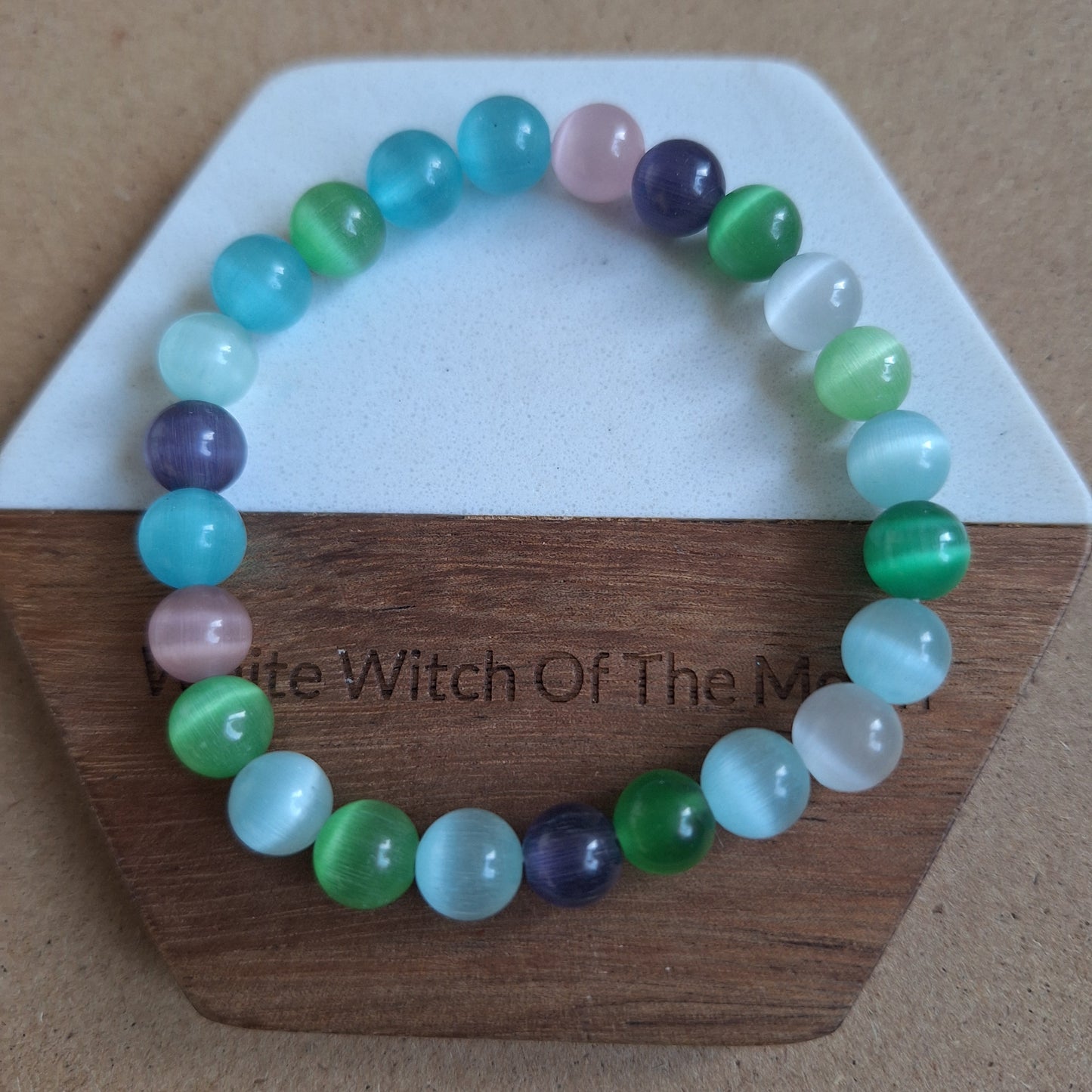 Cats eye bracelet mixed colour crystal healing stretchy stacking jewellery gift for him or her