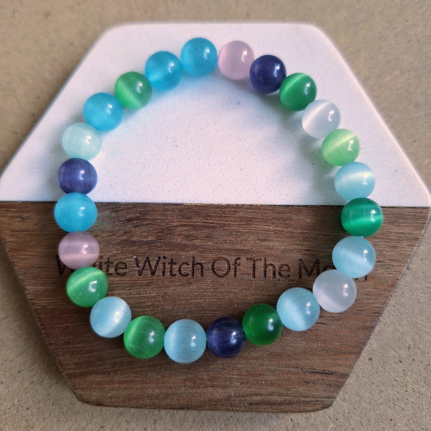Cats eye bracelet mixed colour crystal healing stretchy stacking jewellery gift for him or her