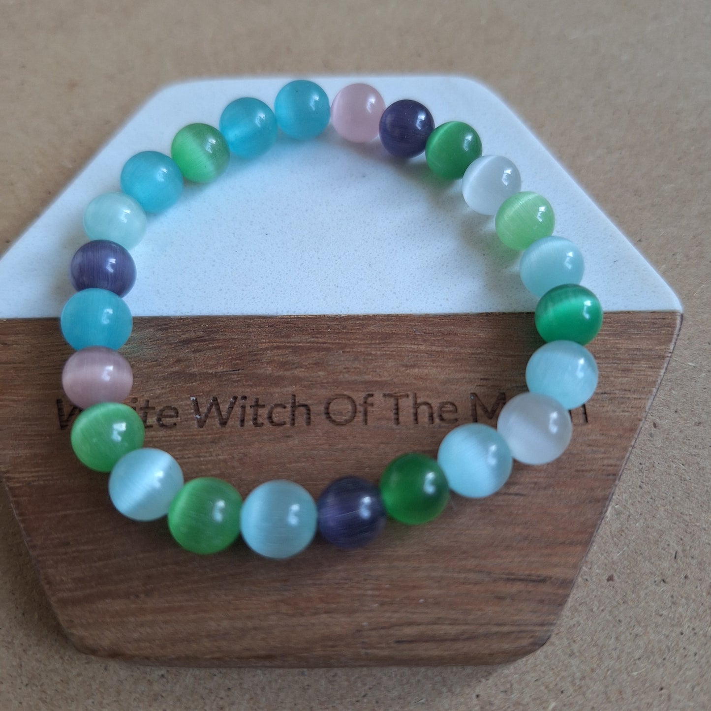Cats eye bracelet mixed colour crystal healing stretchy stacking jewellery gift for him or her