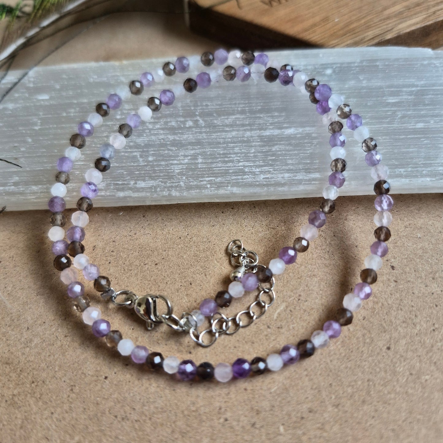 Stress and Anxiety choker or bracelet 3mm faceted beads rose quartz smoky quartz and amethyst