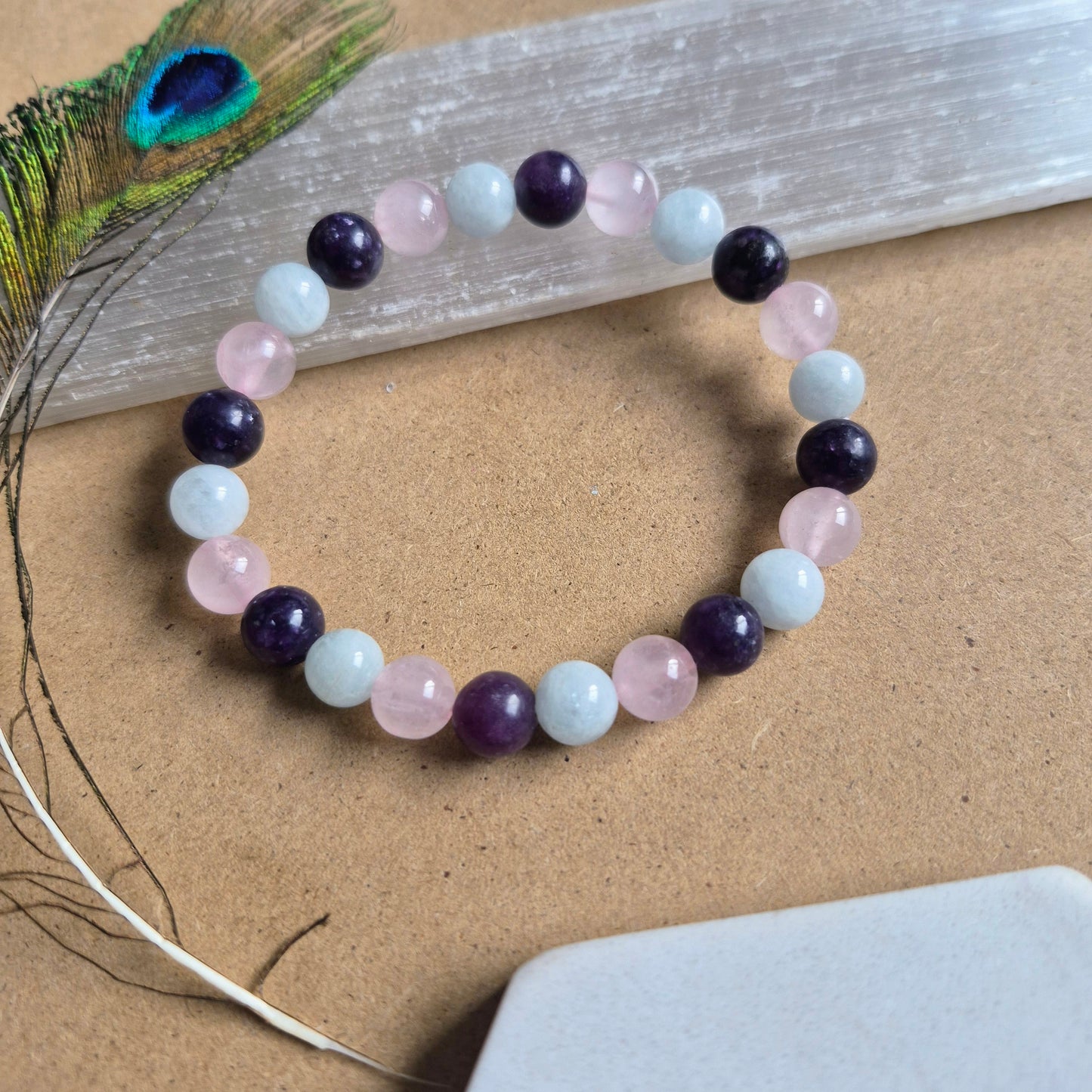 Rose Quartz aquamarine and lavender amethyst Bracelet crystal healing natural stone heart stretch stacking women's jewellery