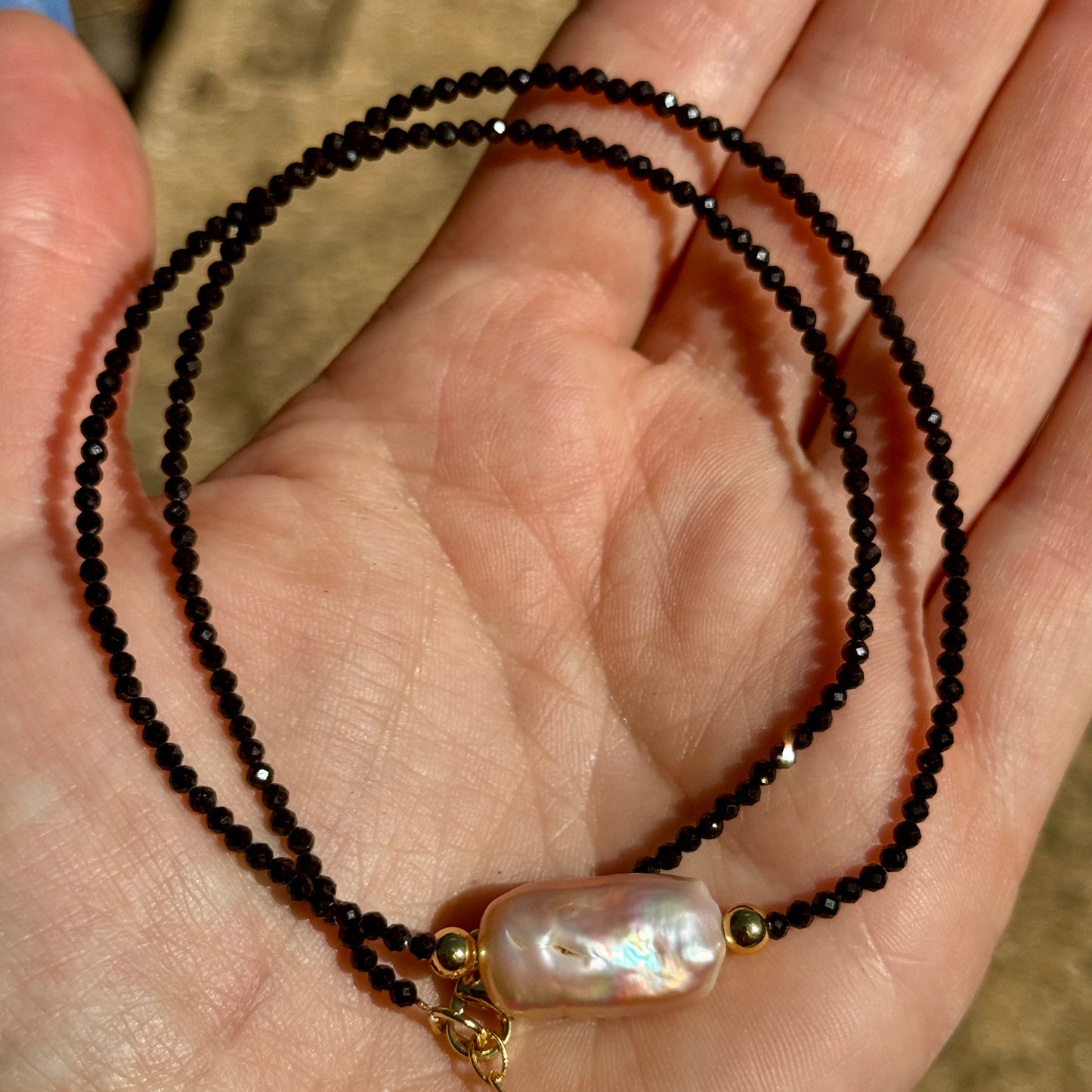 Black Tourmaline and Biwa Pearl Choker