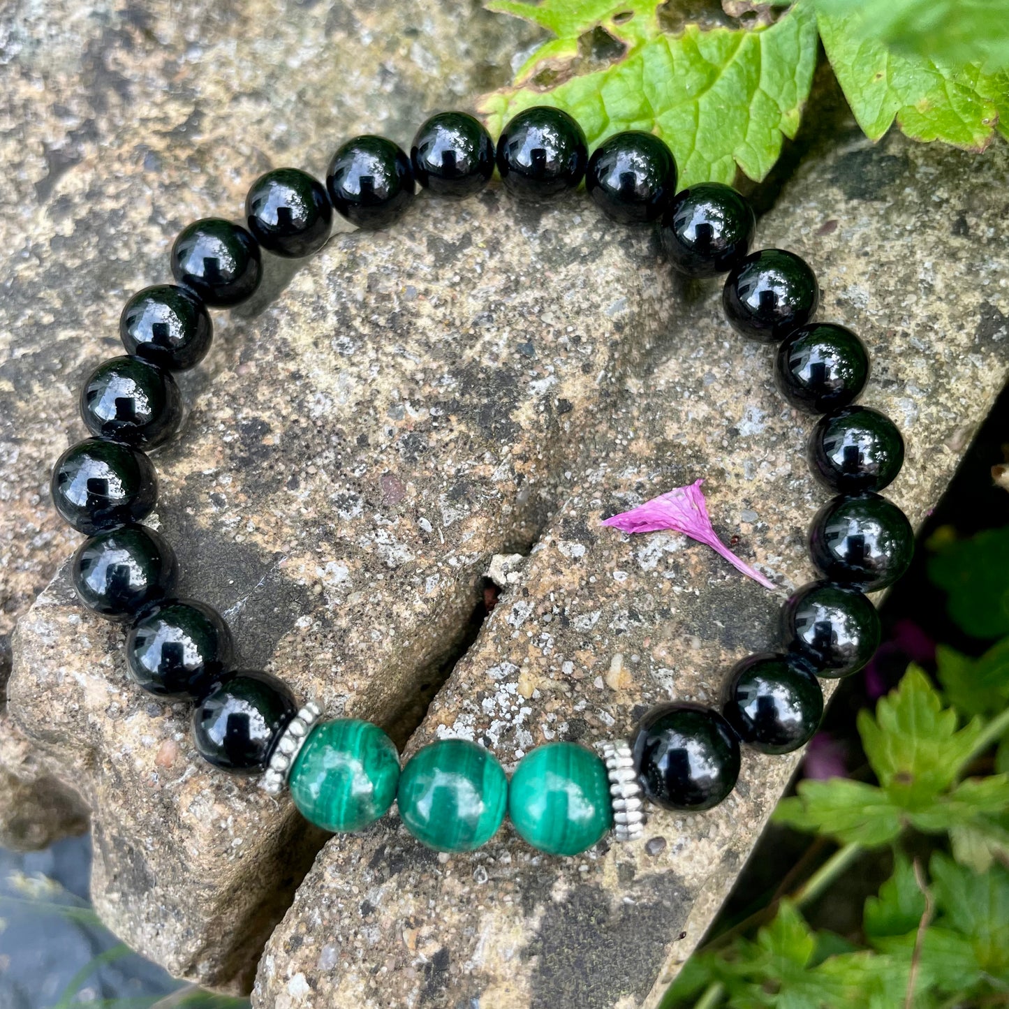 Black Tourmaline & Malachite Beaded Bracelet