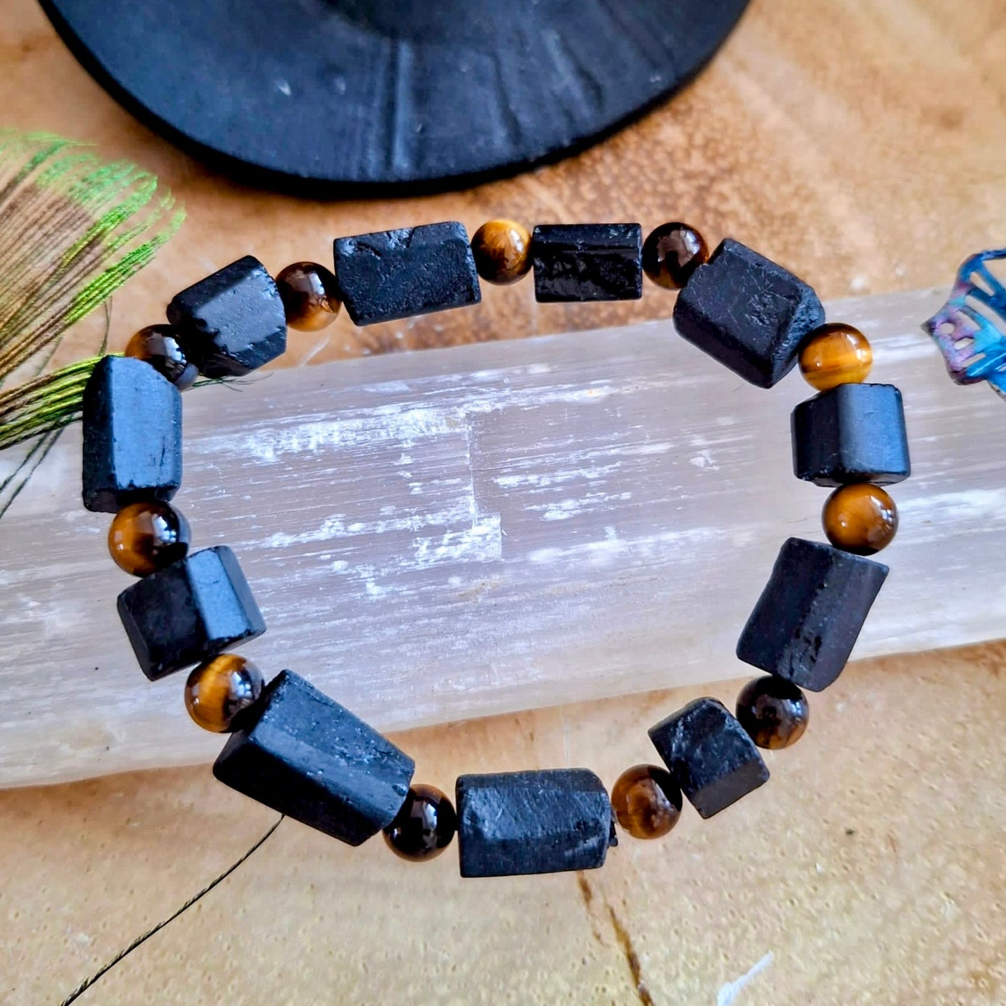 Raw Black Tourmaline and Tigers Eye Beaded Bracelet