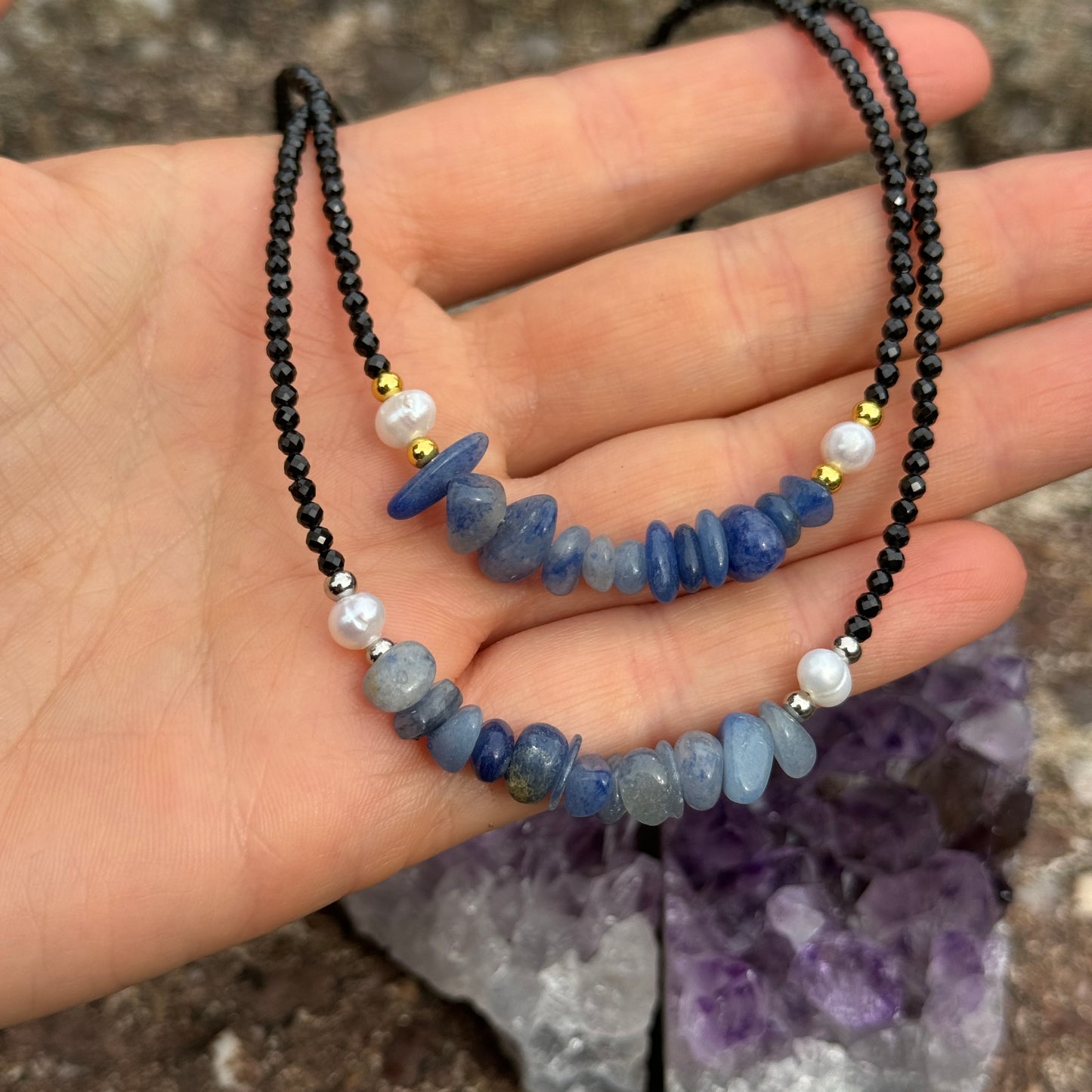Black Tourmaline and Blue Aventurine Choker Necklace