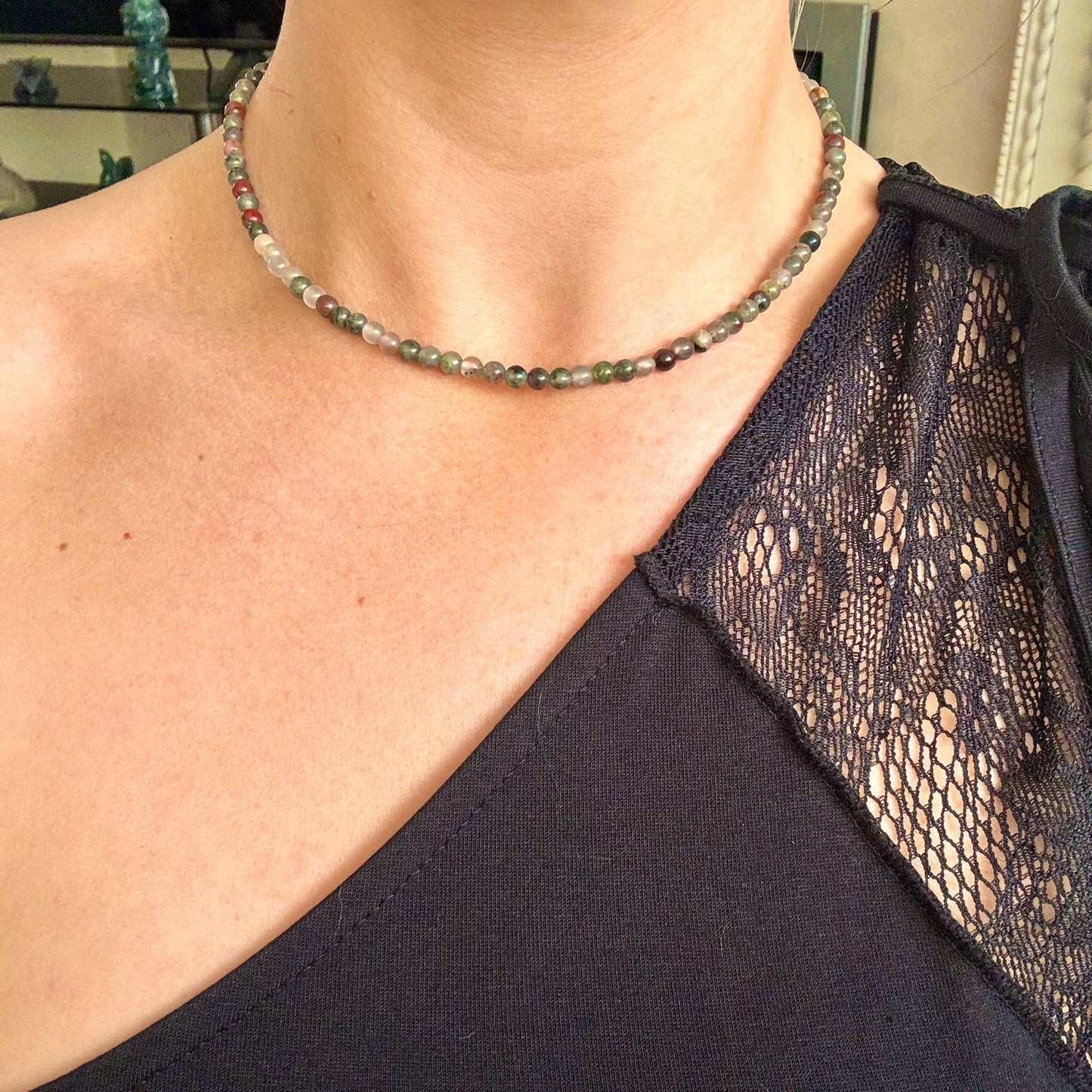 Bloodstone 4mm round Bead Choker Necklace