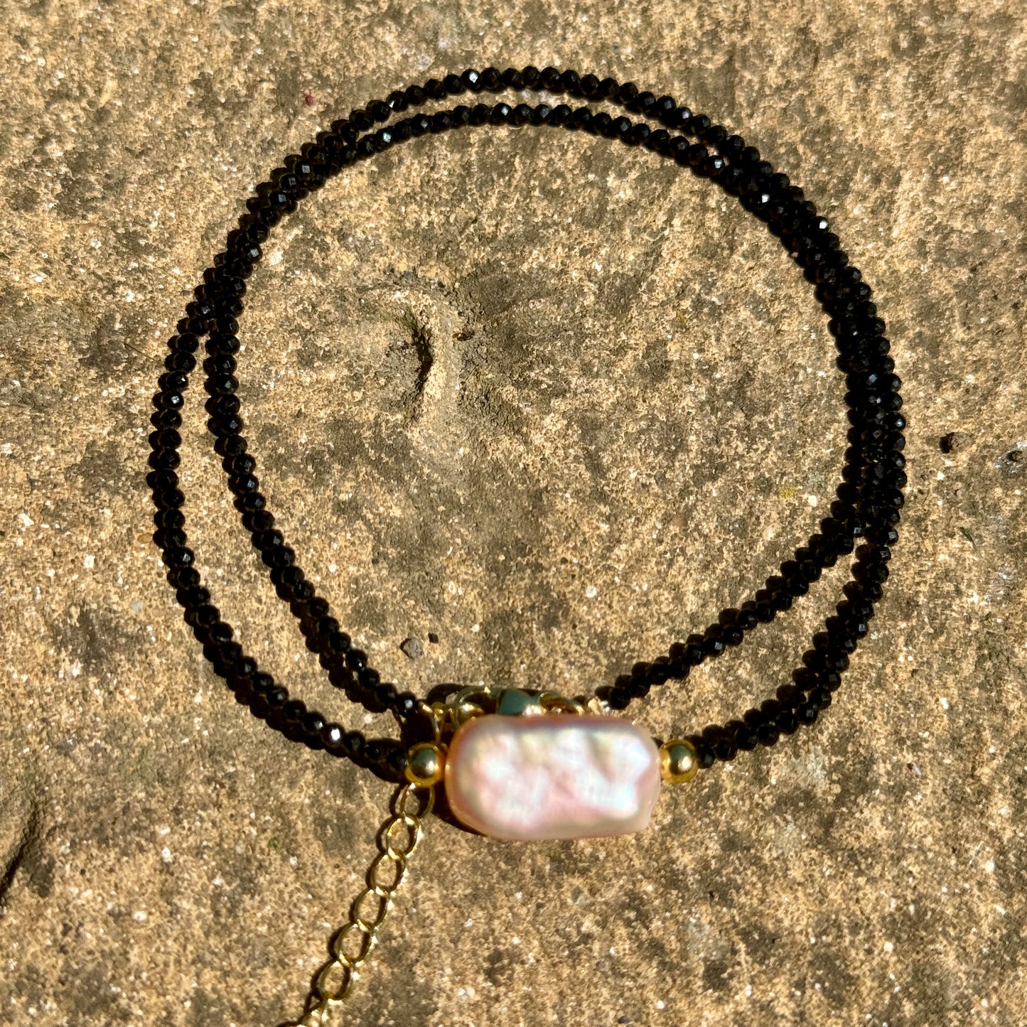 Black Tourmaline and Biwa Pearl Choker