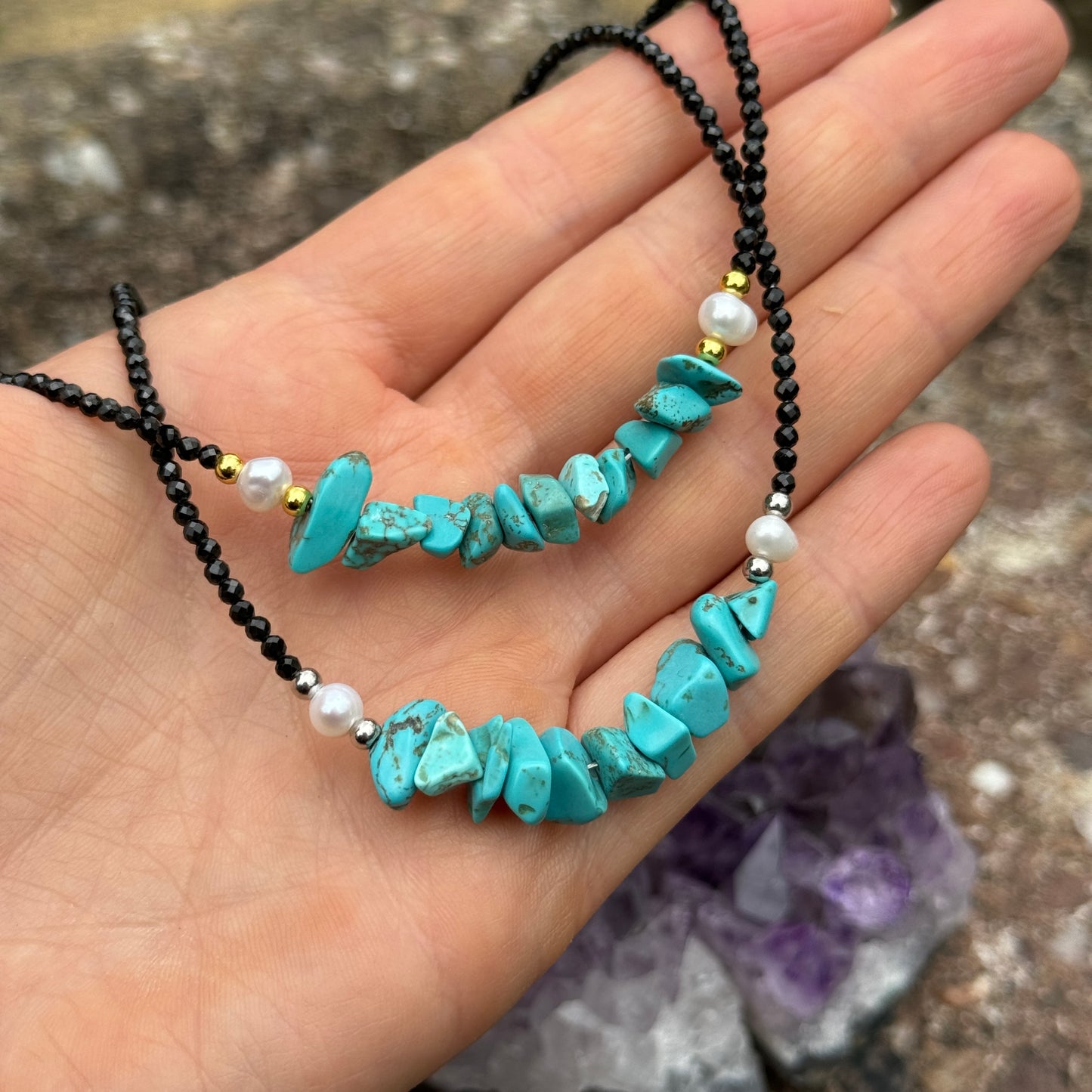 Black Tourmaline and Turquoise Howlite Choker Necklace