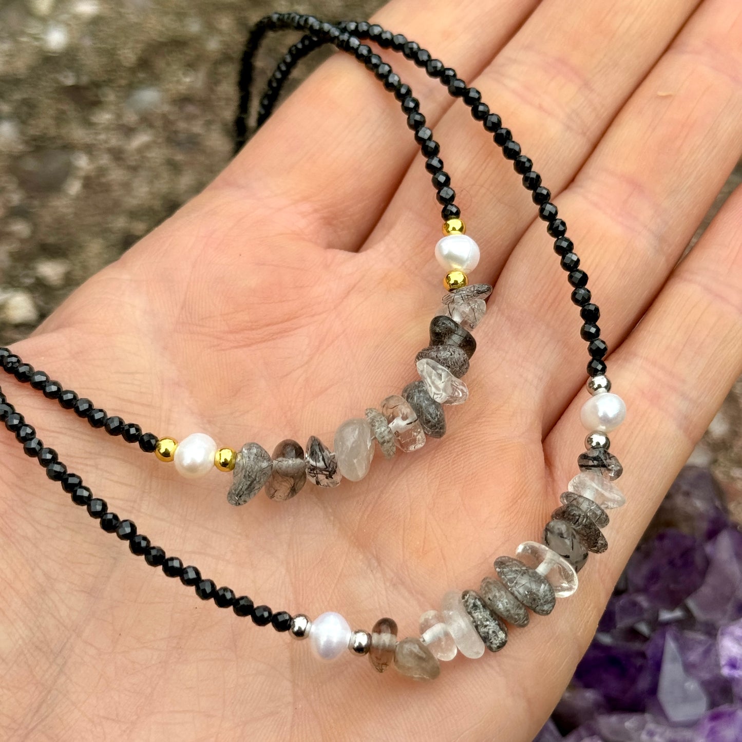 Black Tourmaline and Black Rutilated Quartz Choker Necklace