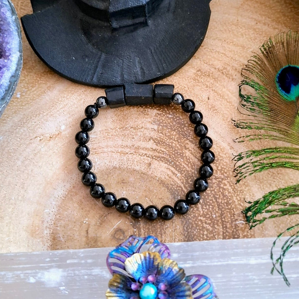Black Tourmaline and Hematite 6mm Beaded Bracelet