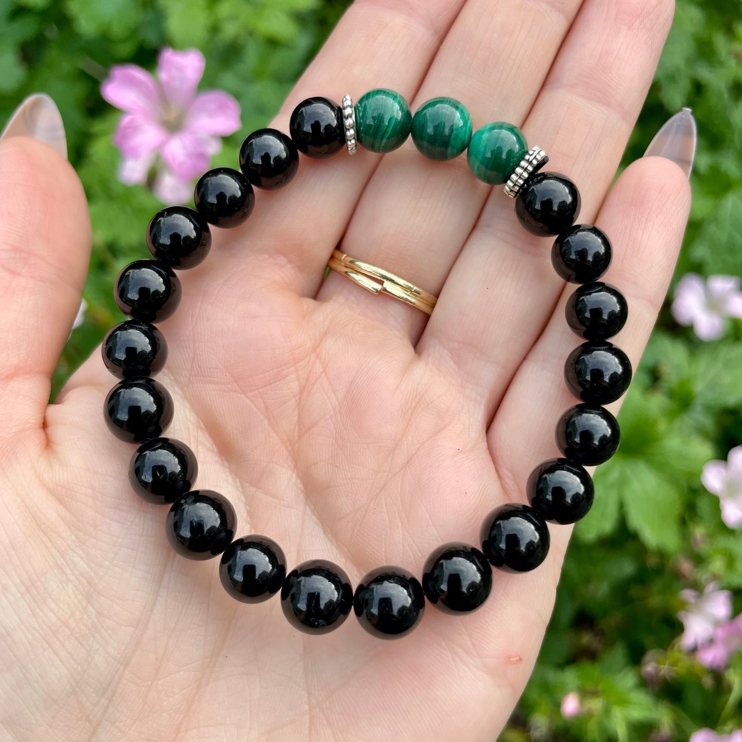 Black Tourmaline & Malachite Beaded Bracelet