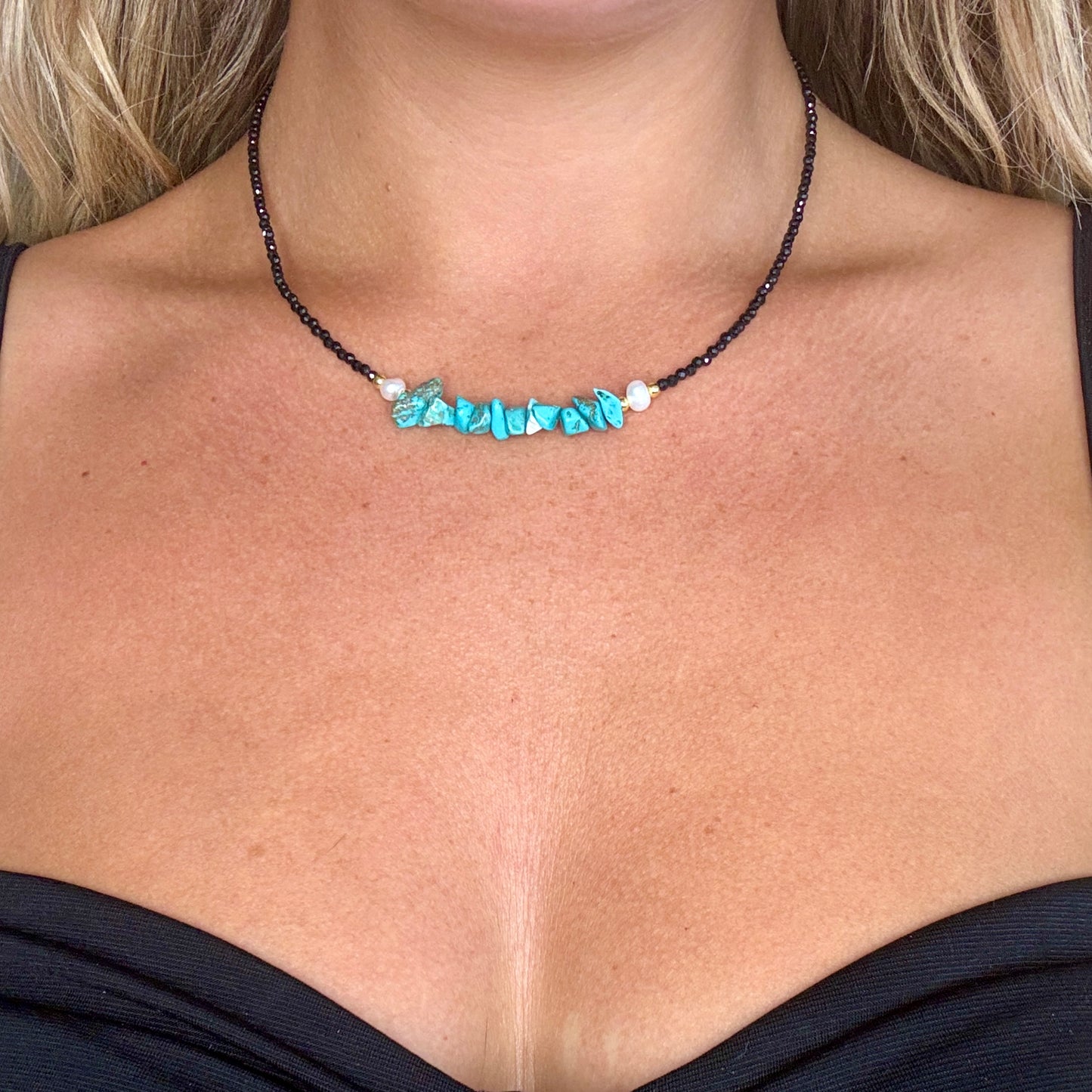 Black Tourmaline and Turquoise Howlite Choker Necklace