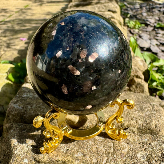 Coppernite (Indian Nuummite) 50mm Spheres With Gold Stand