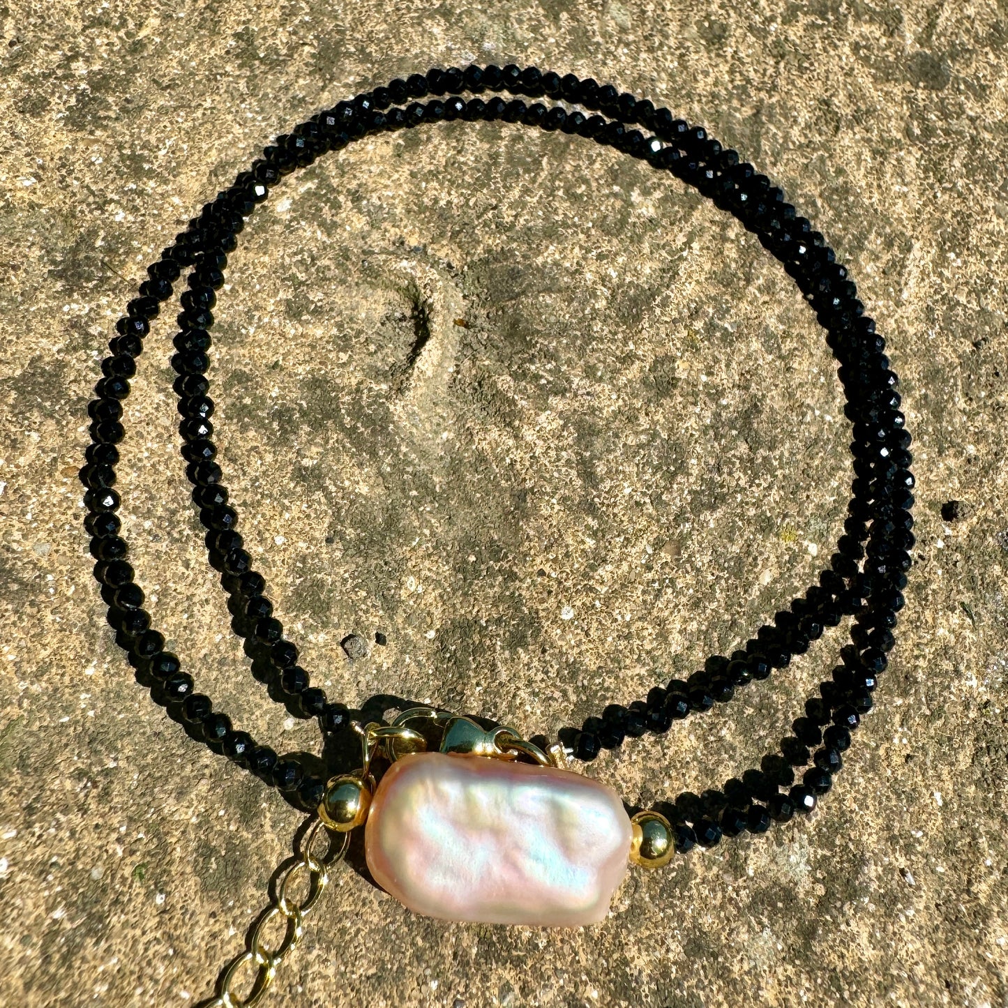 Black Tourmaline and Biwa Pearl Choker