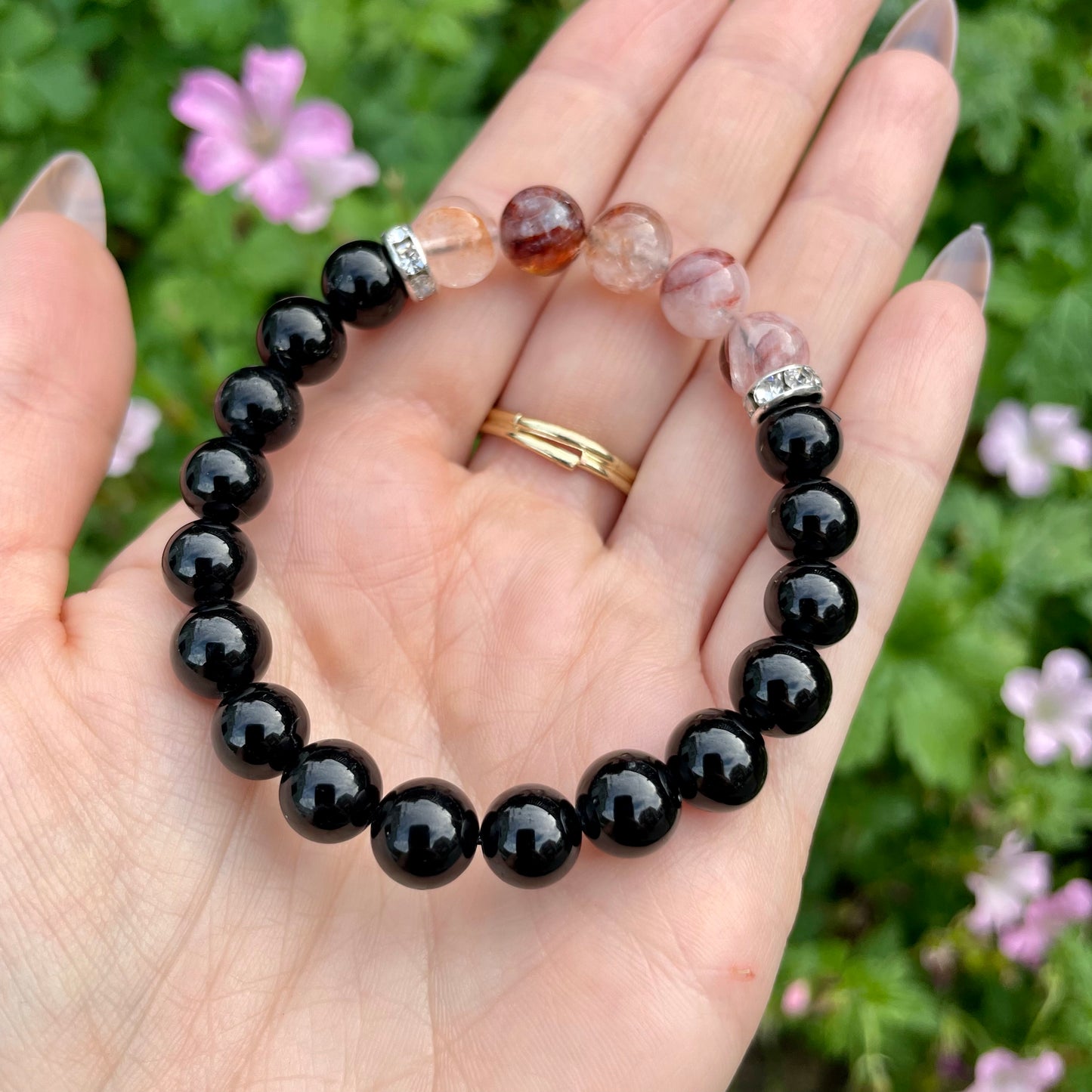 Black Tourmaline & Hematoid Fire Quartz Beaded Bracelet