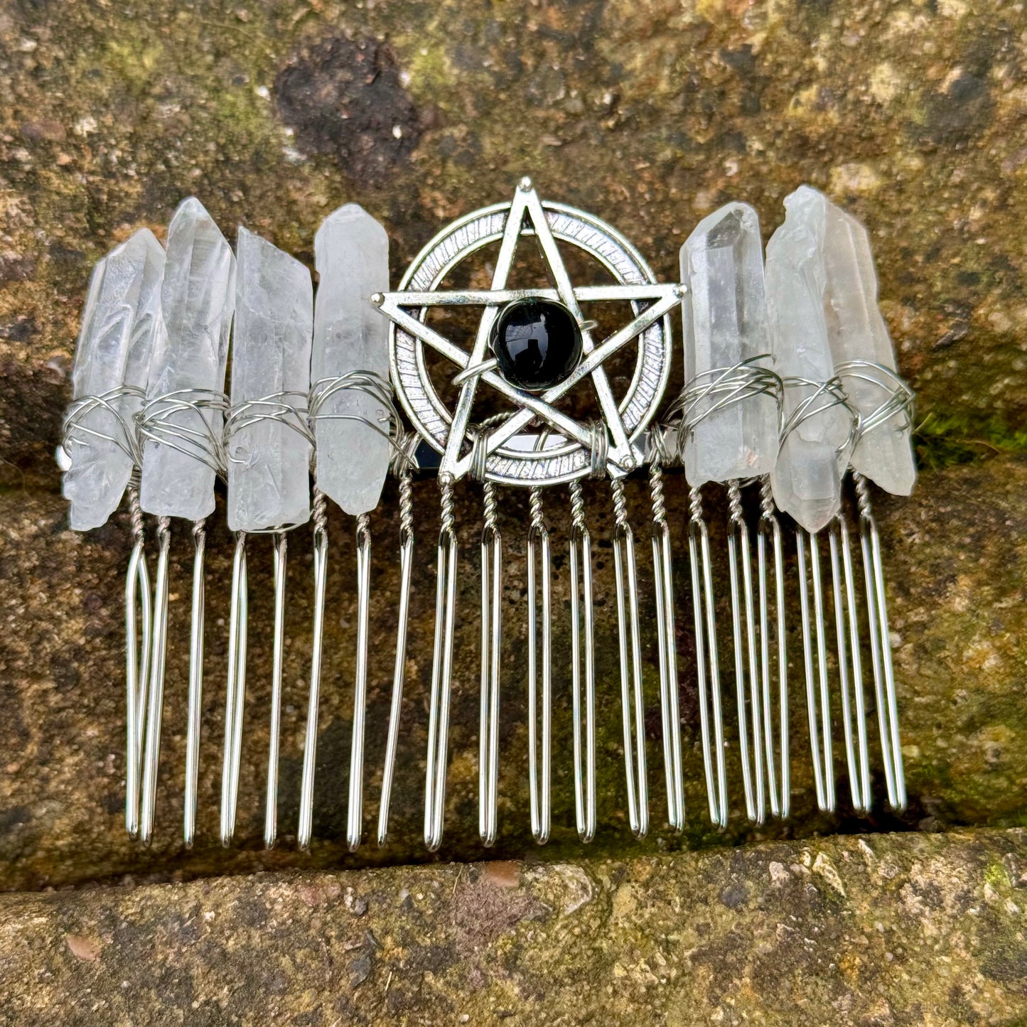 Clear Quartz & Black Obsidian Pentagram Hair Comb