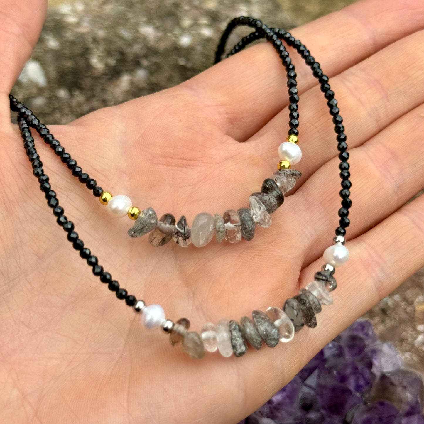 Black Tourmaline and Black Rutilated Quartz Choker Necklace