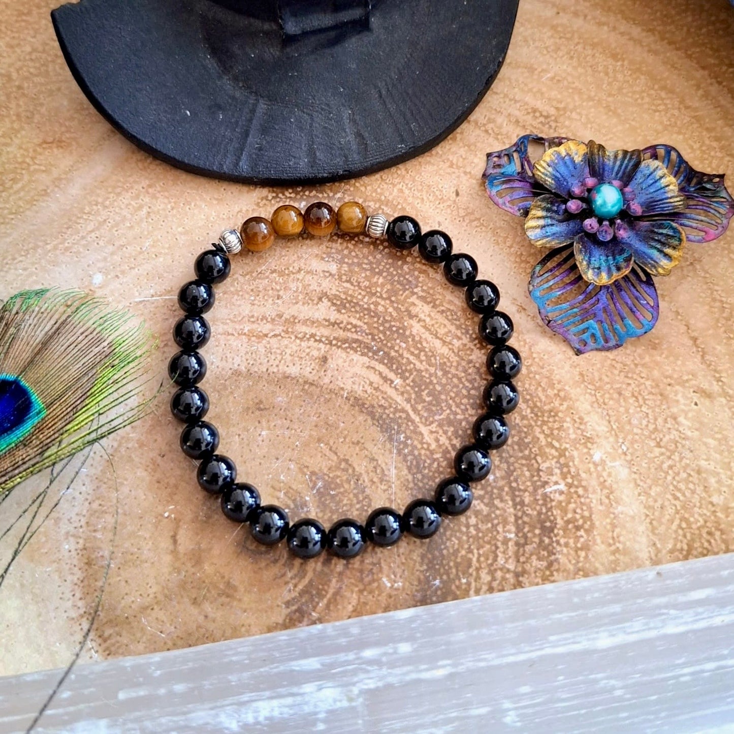 Black Tourmaline and Tigers Eye 6mm Beaded Bracelet