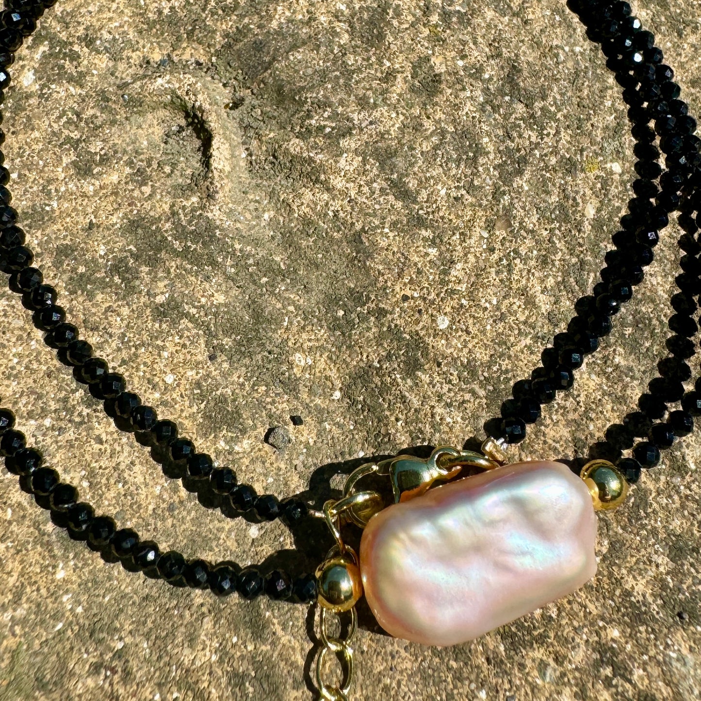 Black Tourmaline and Biwa Pearl Choker