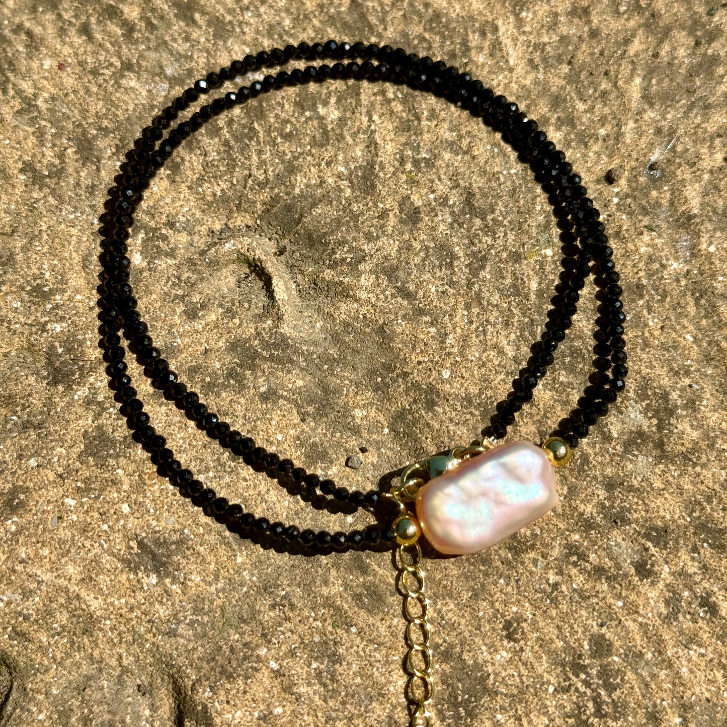 Black Tourmaline and Biwa Pearl Choker
