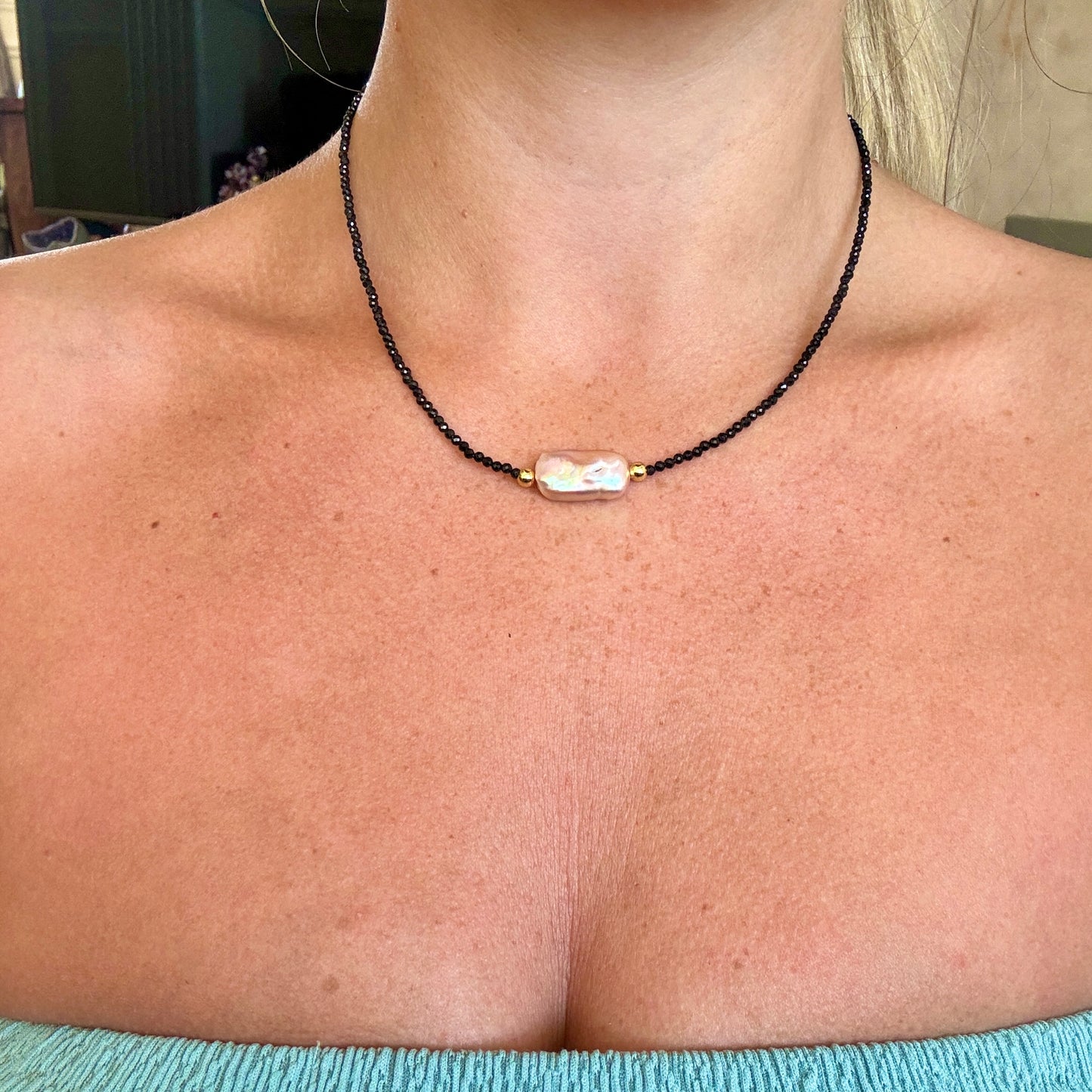 Black Tourmaline and Biwa Pearl Choker