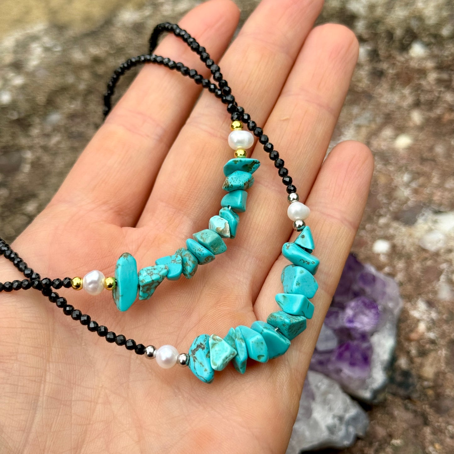 Black Tourmaline and Turquoise Howlite Choker Necklace