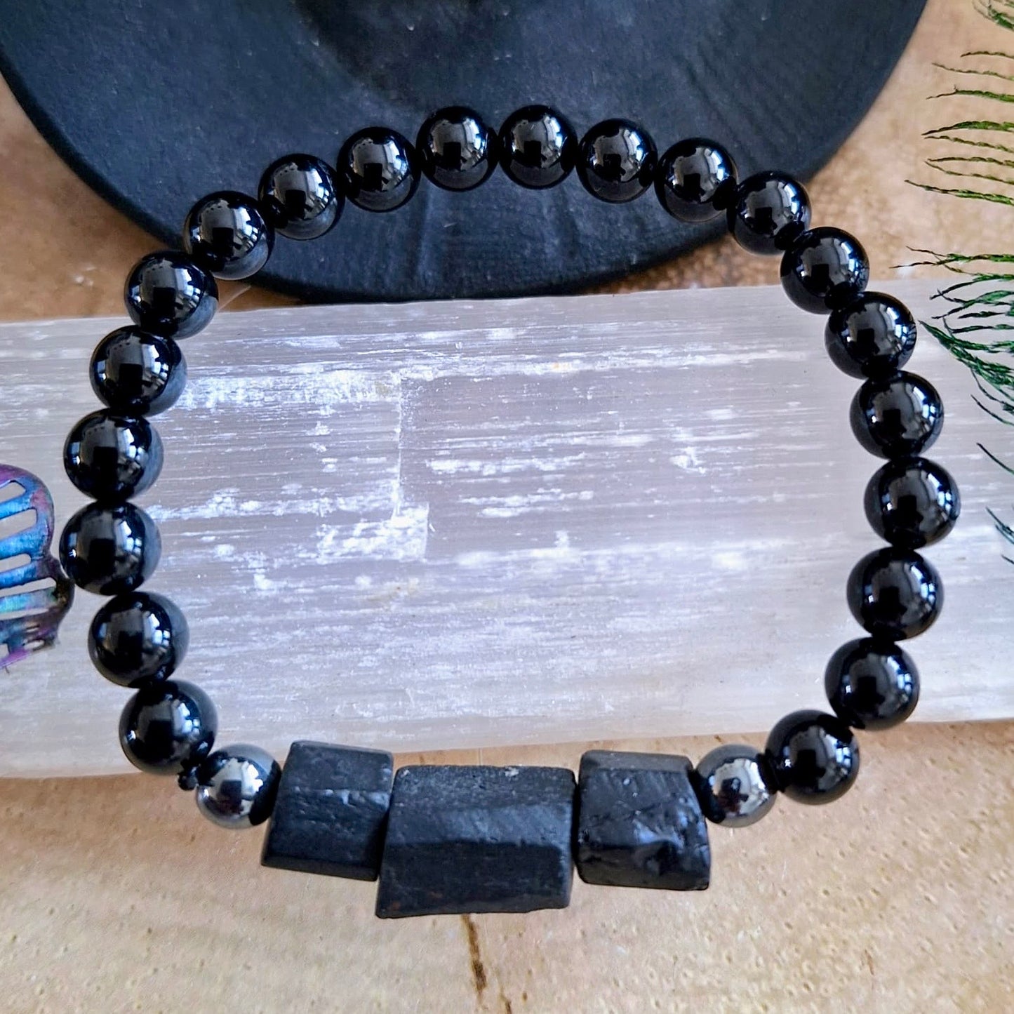 Black Tourmaline and Hematite 6mm Beaded Bracelet