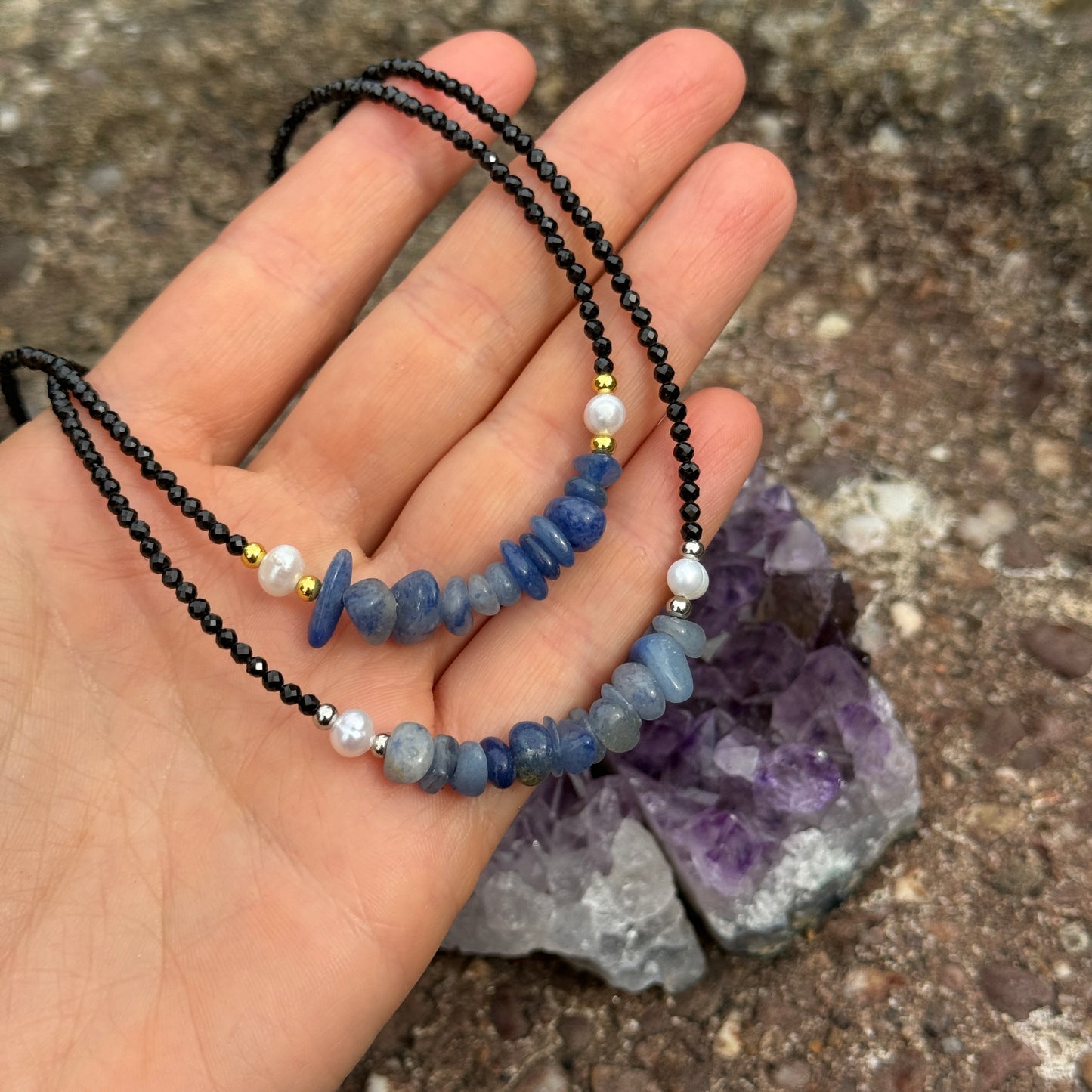 Black Tourmaline and Blue Aventurine Choker Necklace