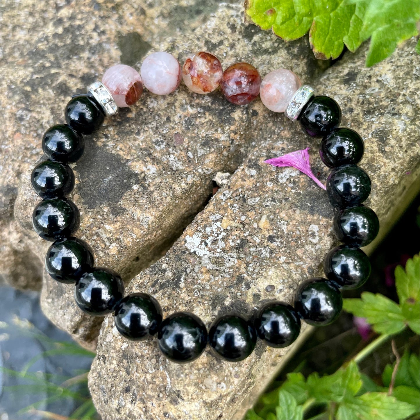 Black Tourmaline & Hematoid Fire Quartz Beaded Bracelet
