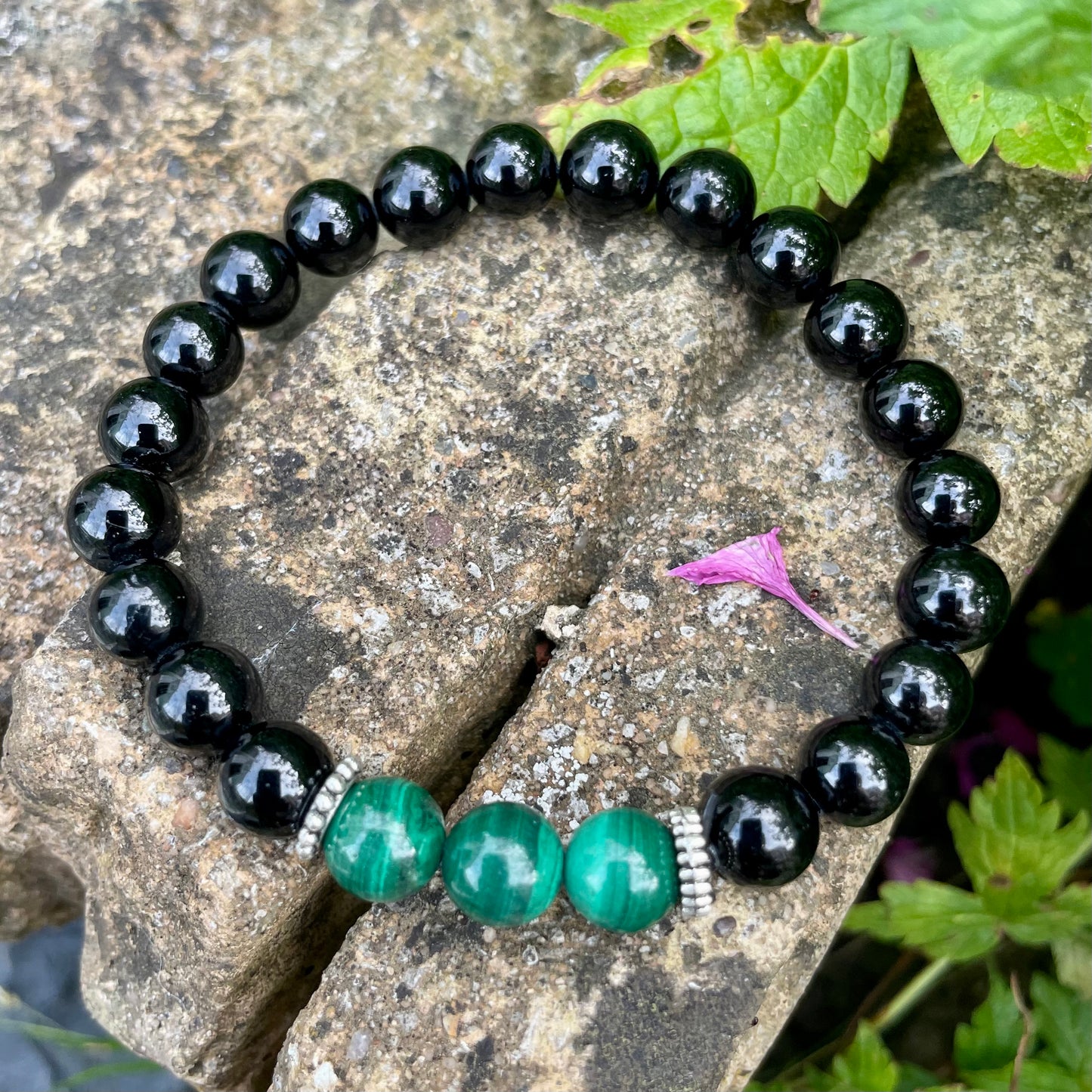 Black Tourmaline & Malachite Beaded Bracelet